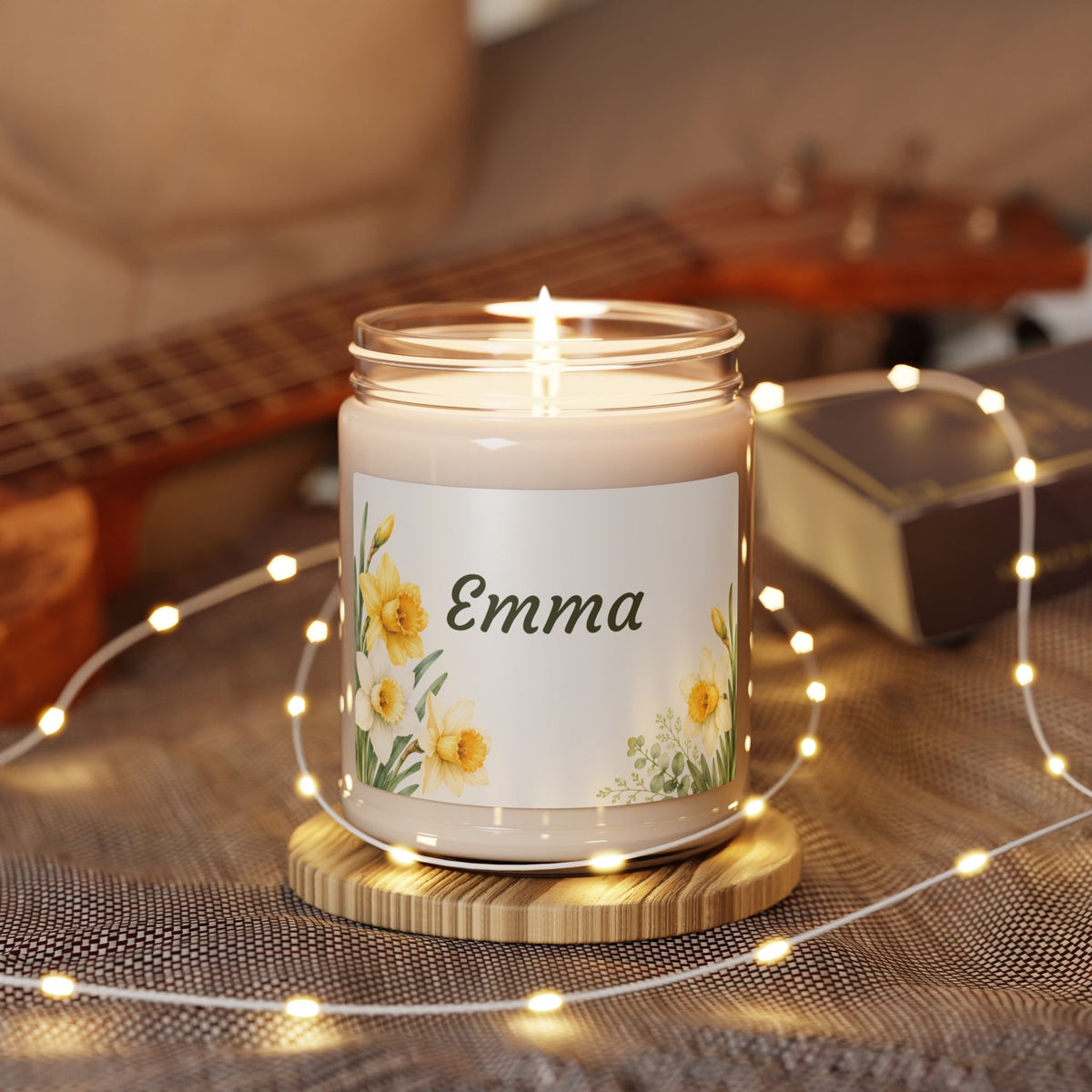 Personalized Daffodil Soy Candle — 9oz Scented Jar (Custom Name: Emma)