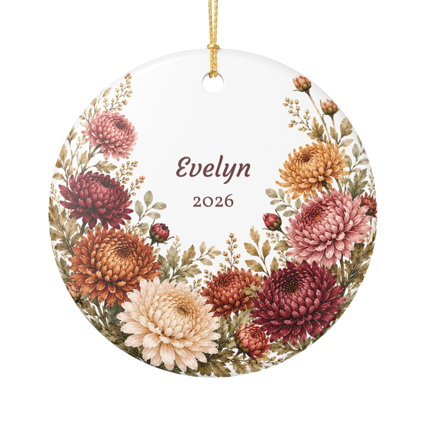 Personalized Floral Ceramic Ornament — Custom Name & Year (Evelyn 2026)