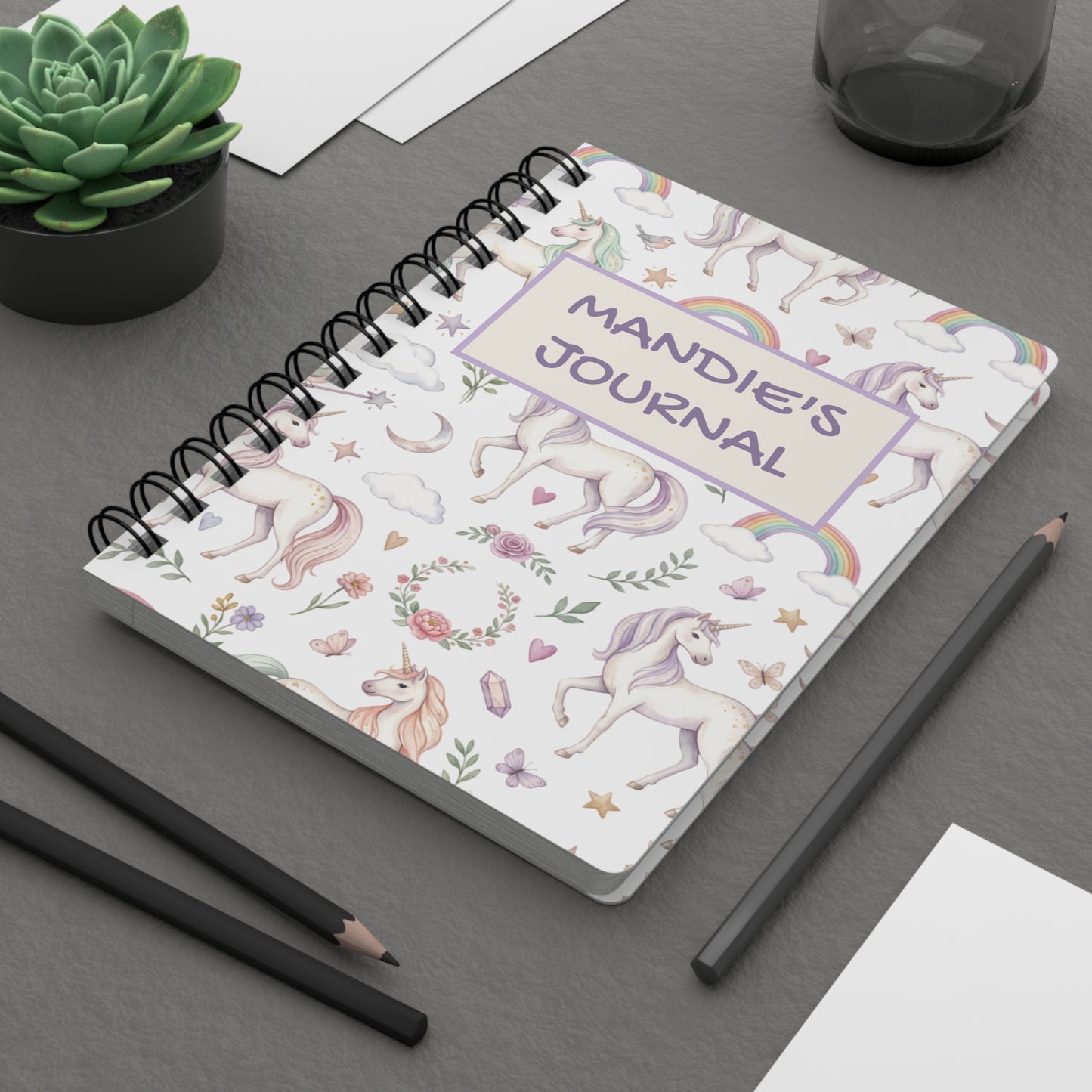 Personalized Unicorn Spiral Journal — "Mandie’s Journal" Cute Pastel Notebooks for Kids & Teens