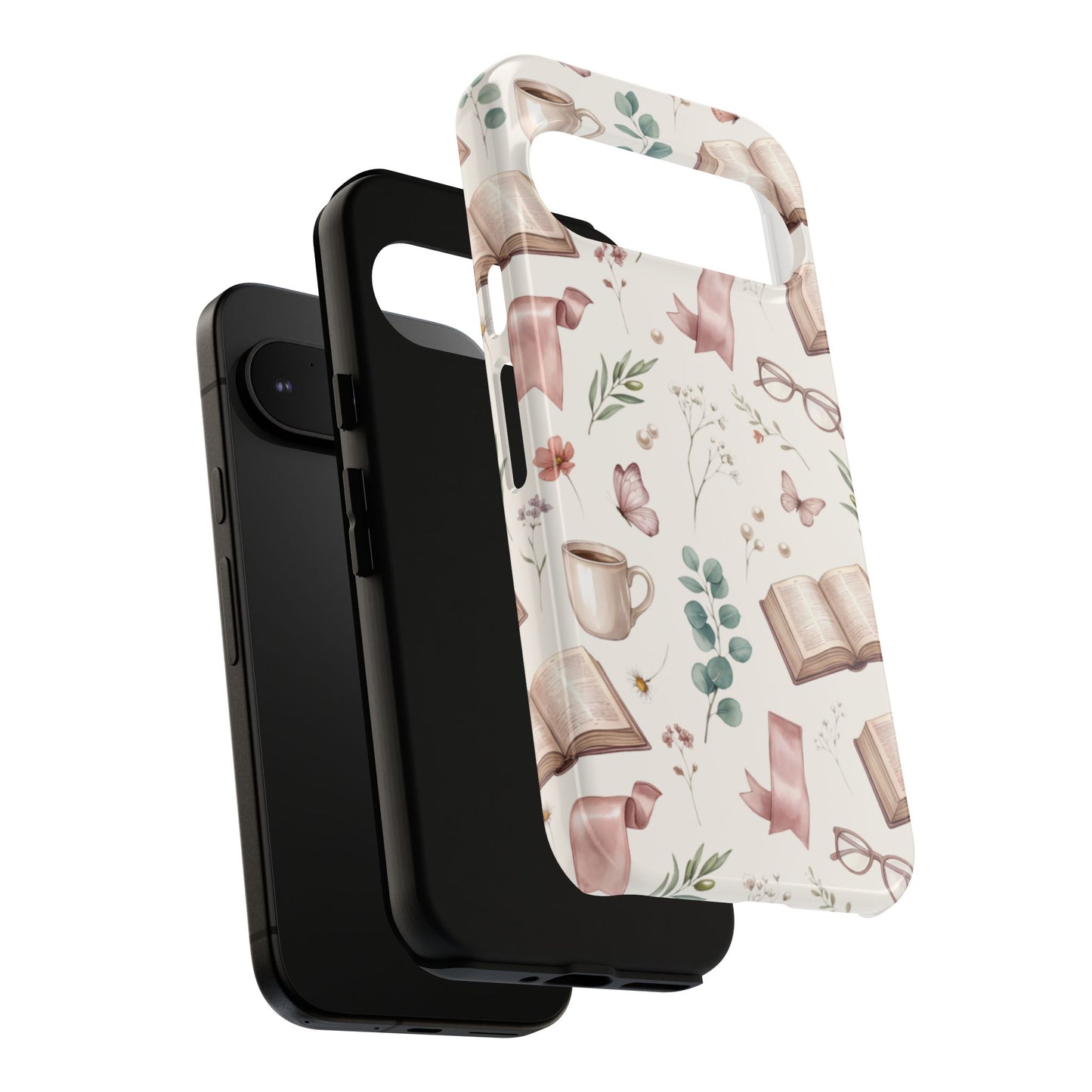 Bookish Floral Phone Case — Cozy Reading Pattern with Open Books, Glasses & Coffee