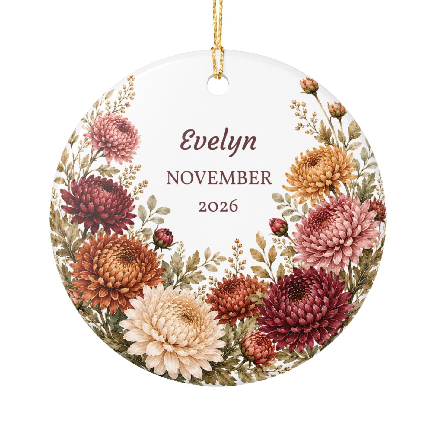 Personalized Ceramic Ornament – Autumn Chrysanthemum Name & Year Keepsake (Custom Name, Month & Year)