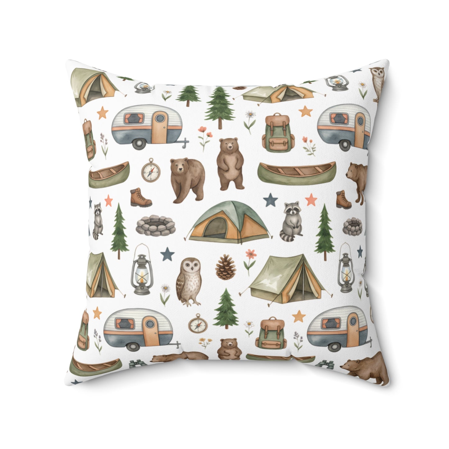 Camping Pattern Square Pillow — Bear, Tent & Camper Decorative Throw Pillow