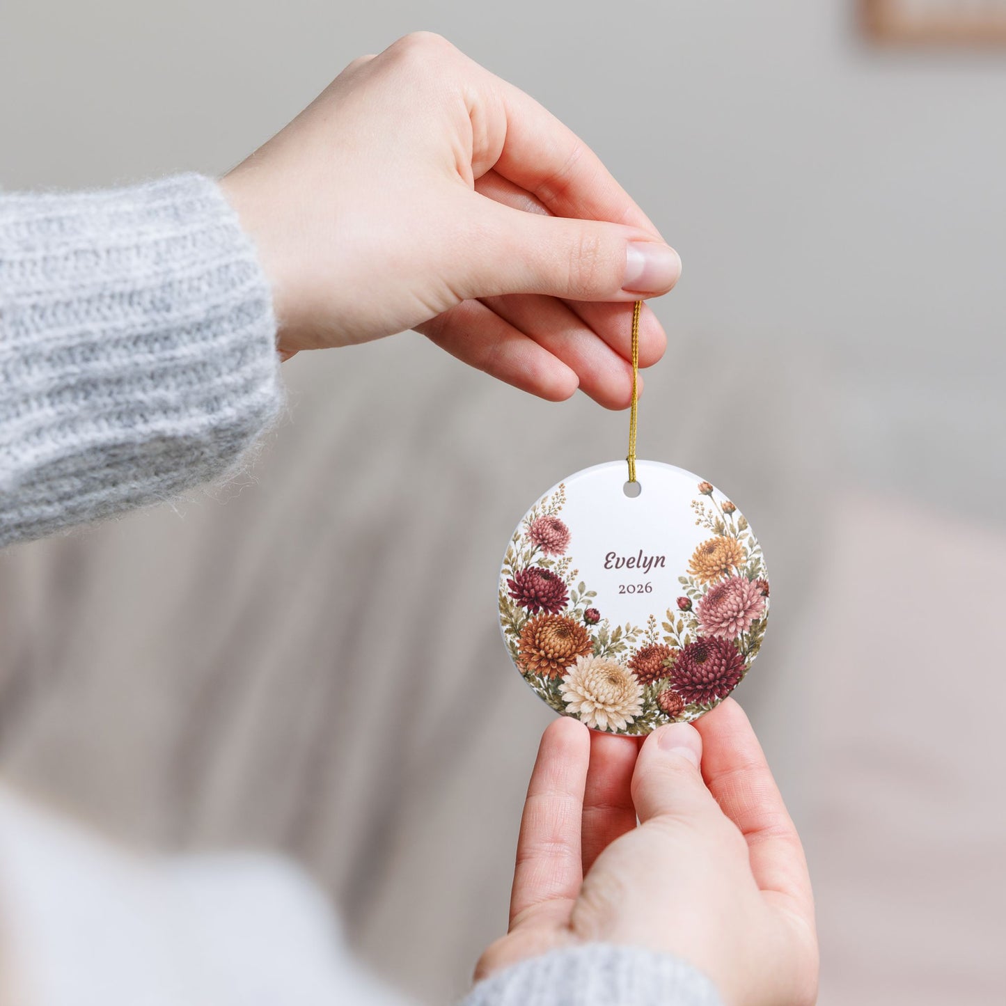 Personalized Floral Ceramic Ornament — Custom Name & Year (Evelyn 2026)