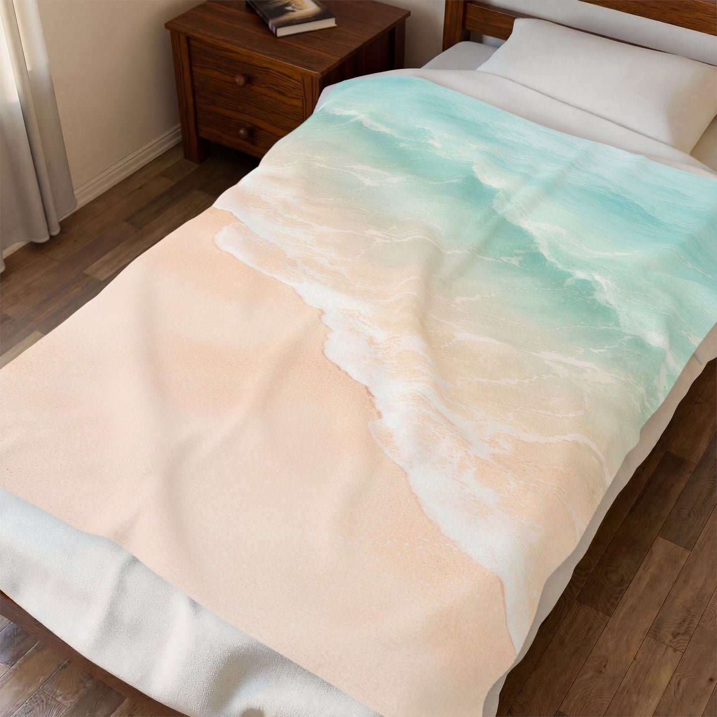 Beach Waves Velveteen Plush Blanket — Soft Pastel Ocean Shore Throw
