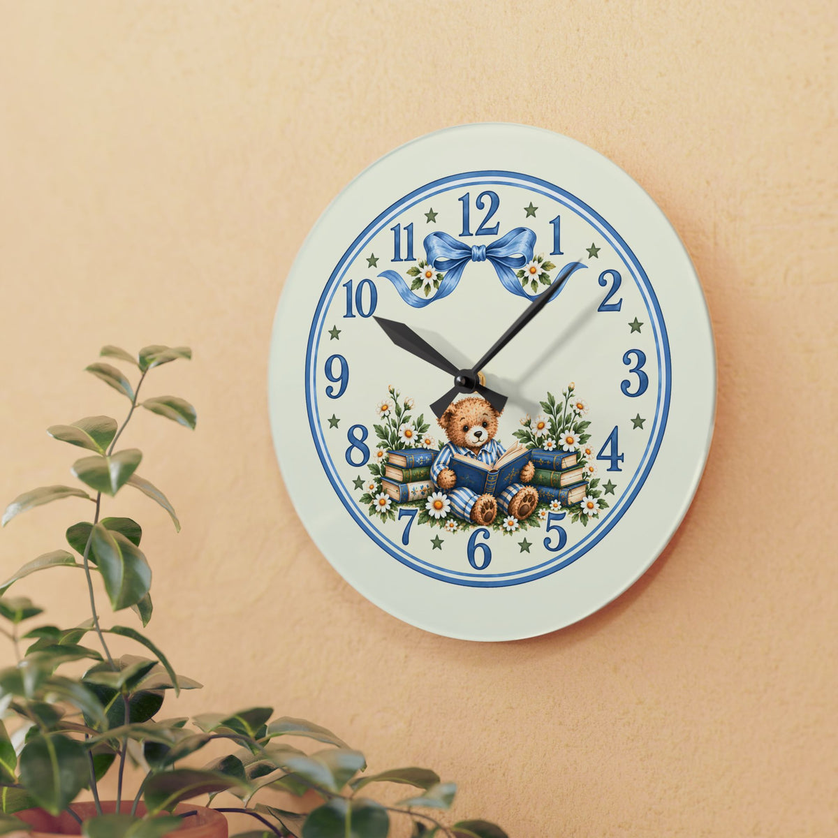 Vintage Teddy Bear Floral Acrylic Wall Clock