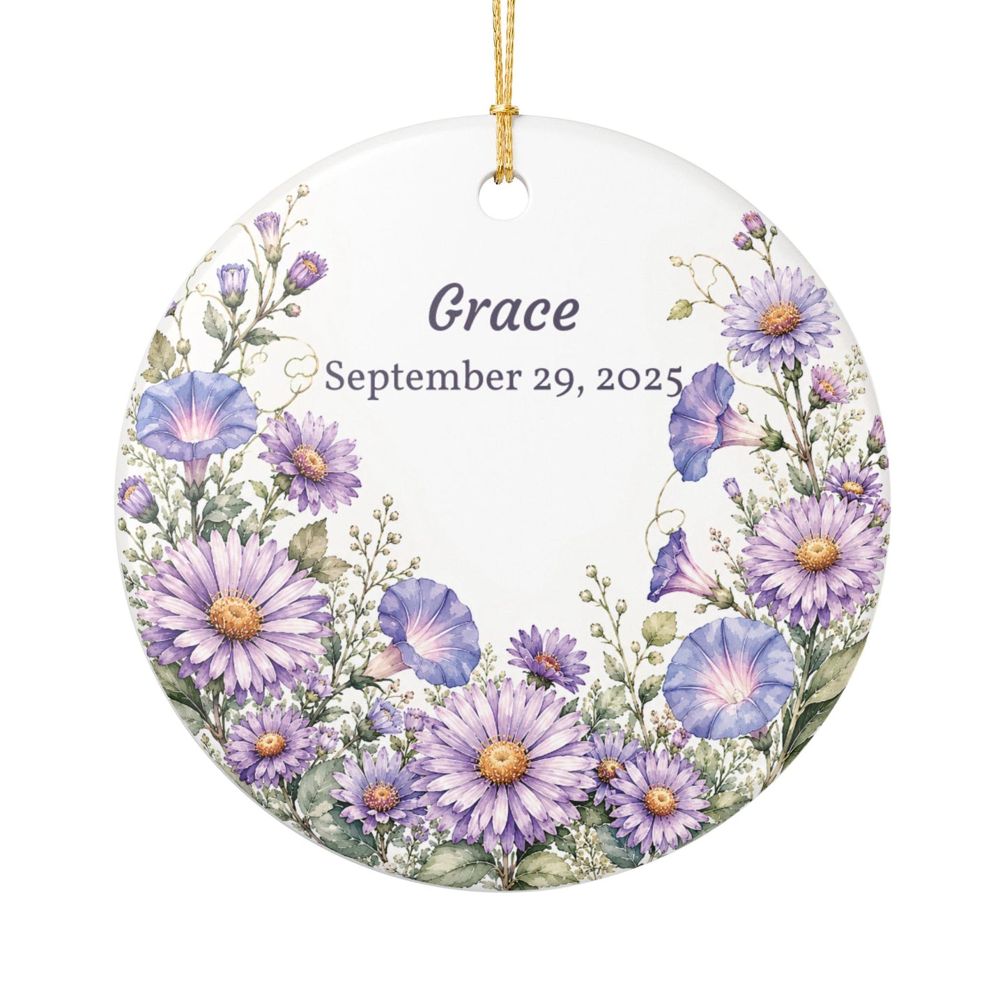 Personalized Ceramic Ornament — Purple Wildflower Memorial or Keepsake Ornament (Name & Date)