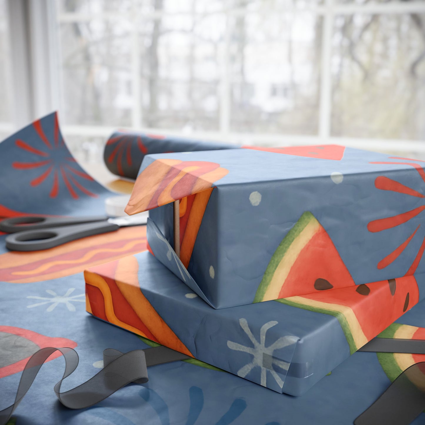 Summer BBQ Wrapping Paper – Watermelon, Hot Dogs & Fireworks on Blue