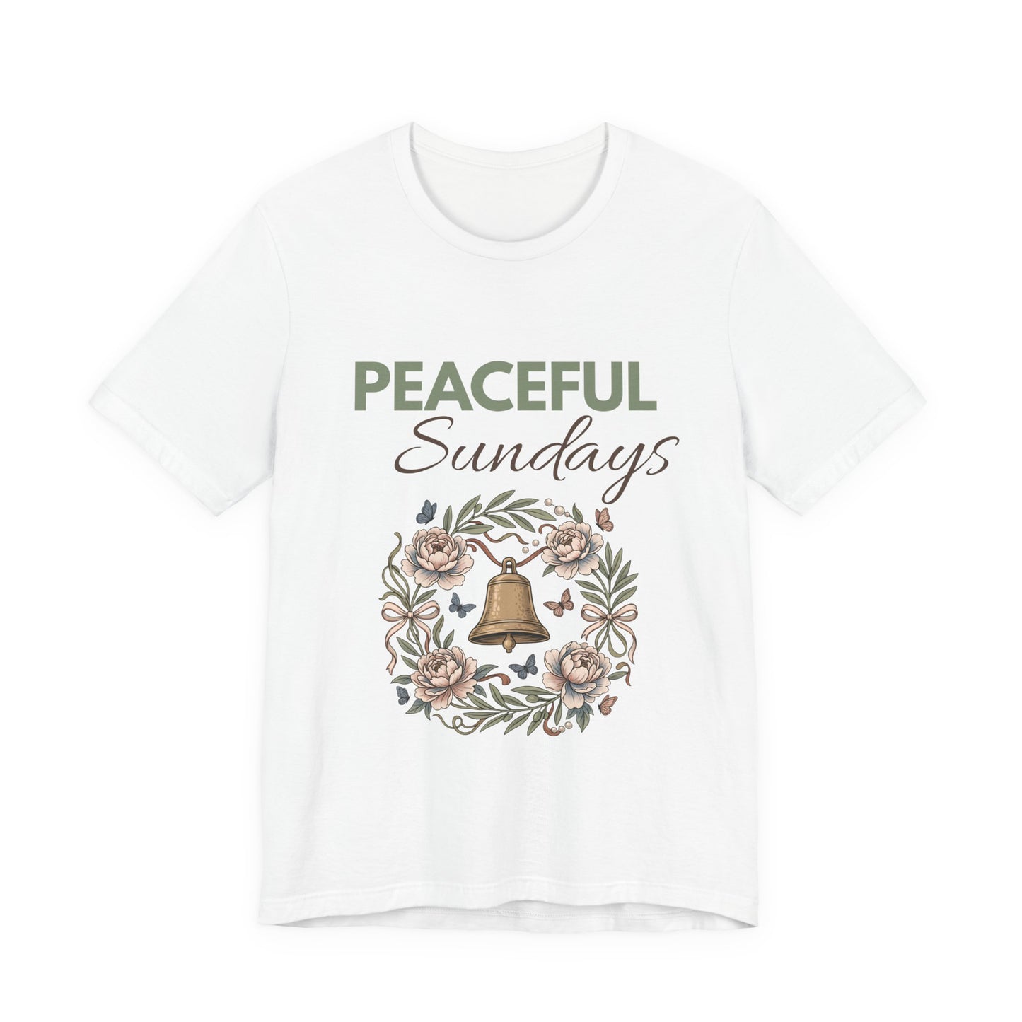 White t-shirt with 'Peaceful Sundays' design featuring a bell and flowers on a white background