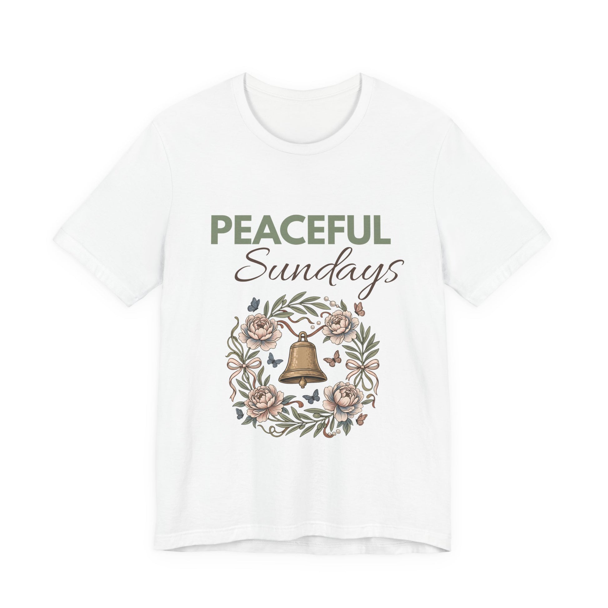 White t-shirt with 'Peaceful Sundays' design featuring a bell and flowers on a white background