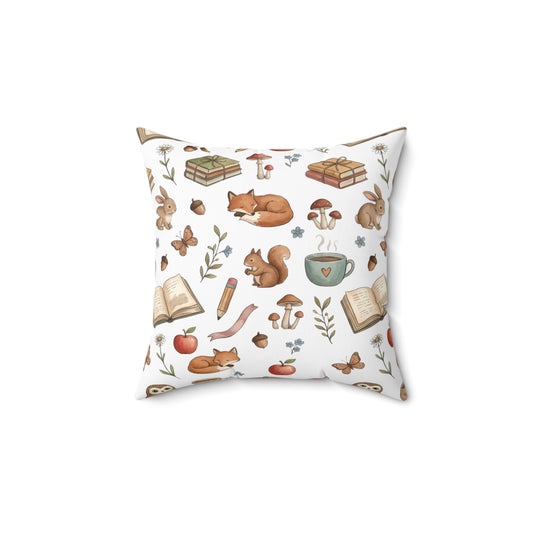 Cozy Woodland Reading Pillow — Fox & Squirrel Autumn Pattern Square Pillow