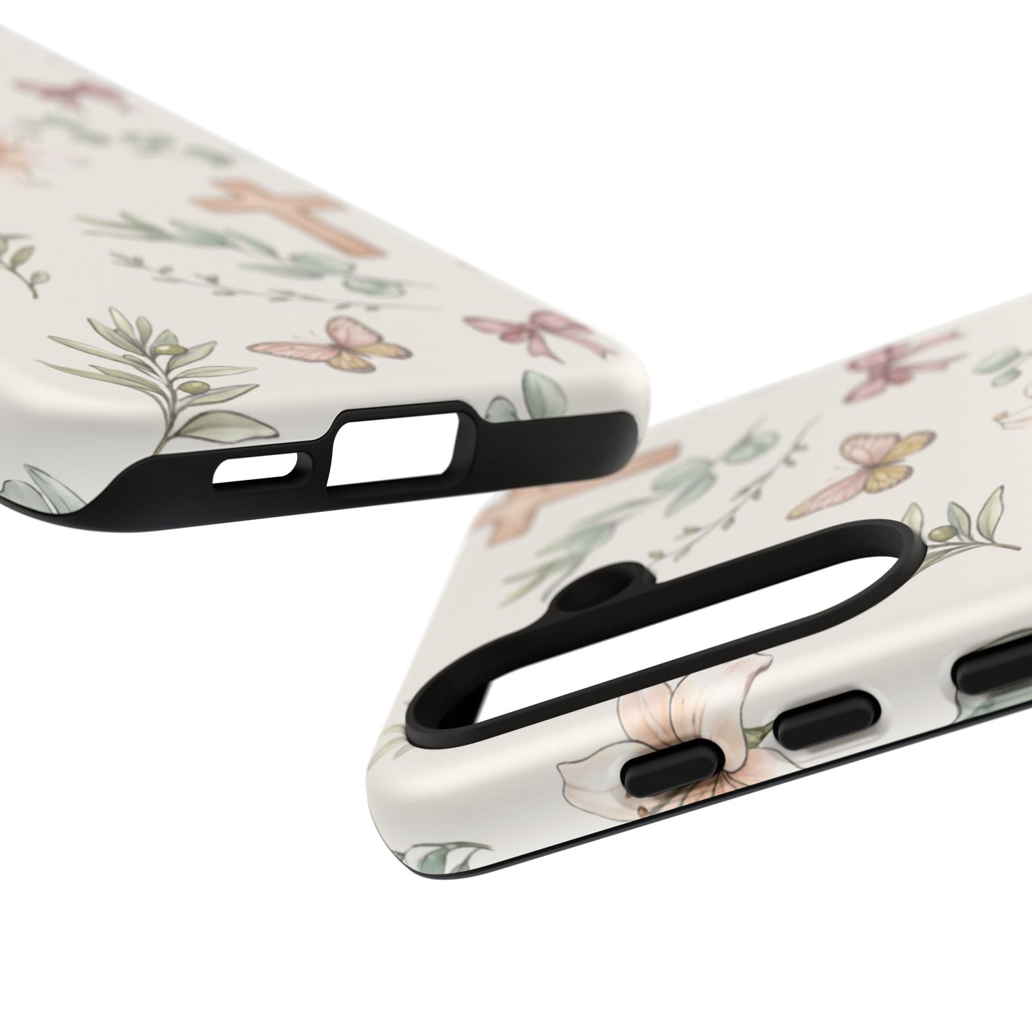 Floral Cross Tough Phone Case — Pastel Butterflies & Bows Christian Design