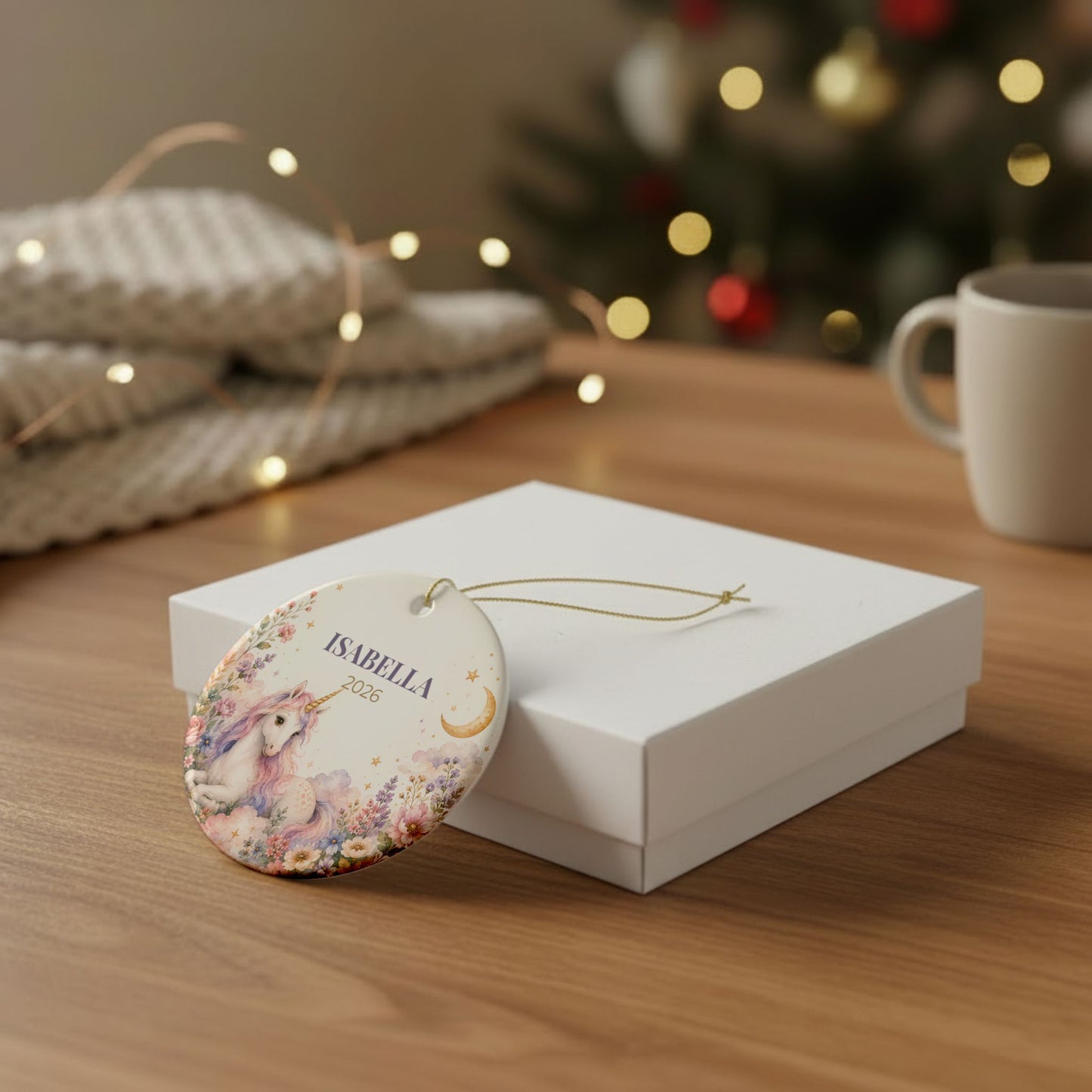 Personalized Unicorn Ceramic Ornament — Custom Name & Year (e.g., ISABELLA 2026)