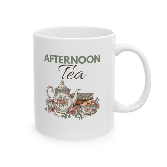 Afternoon Tea Ceramic Coffee Mug – Floral Tea Lover Mug – Vintage Teapot Tea Cup – Cozy Gift for Tea Lovers – 11oz & 15oz