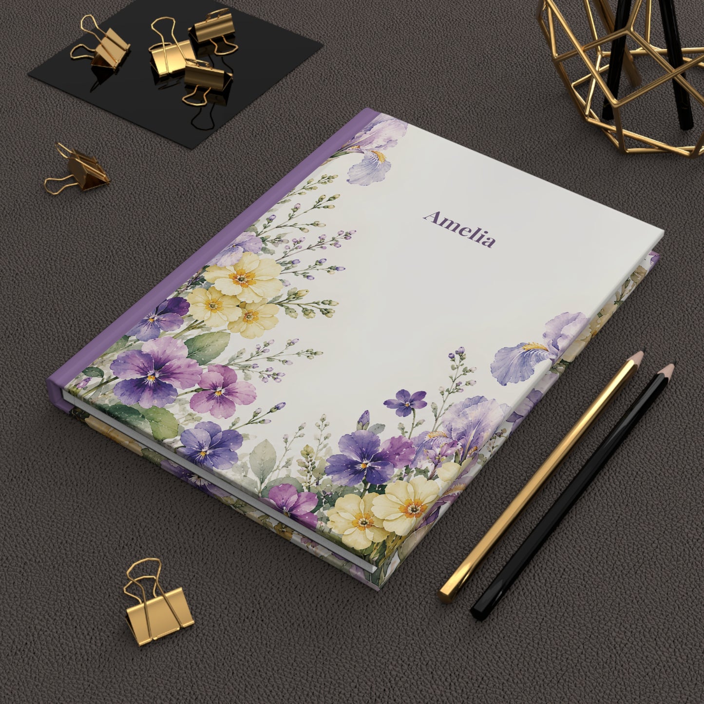 Personalized Floral Hardcover Journal — Purple Iris & Violet Pansy Notebook
