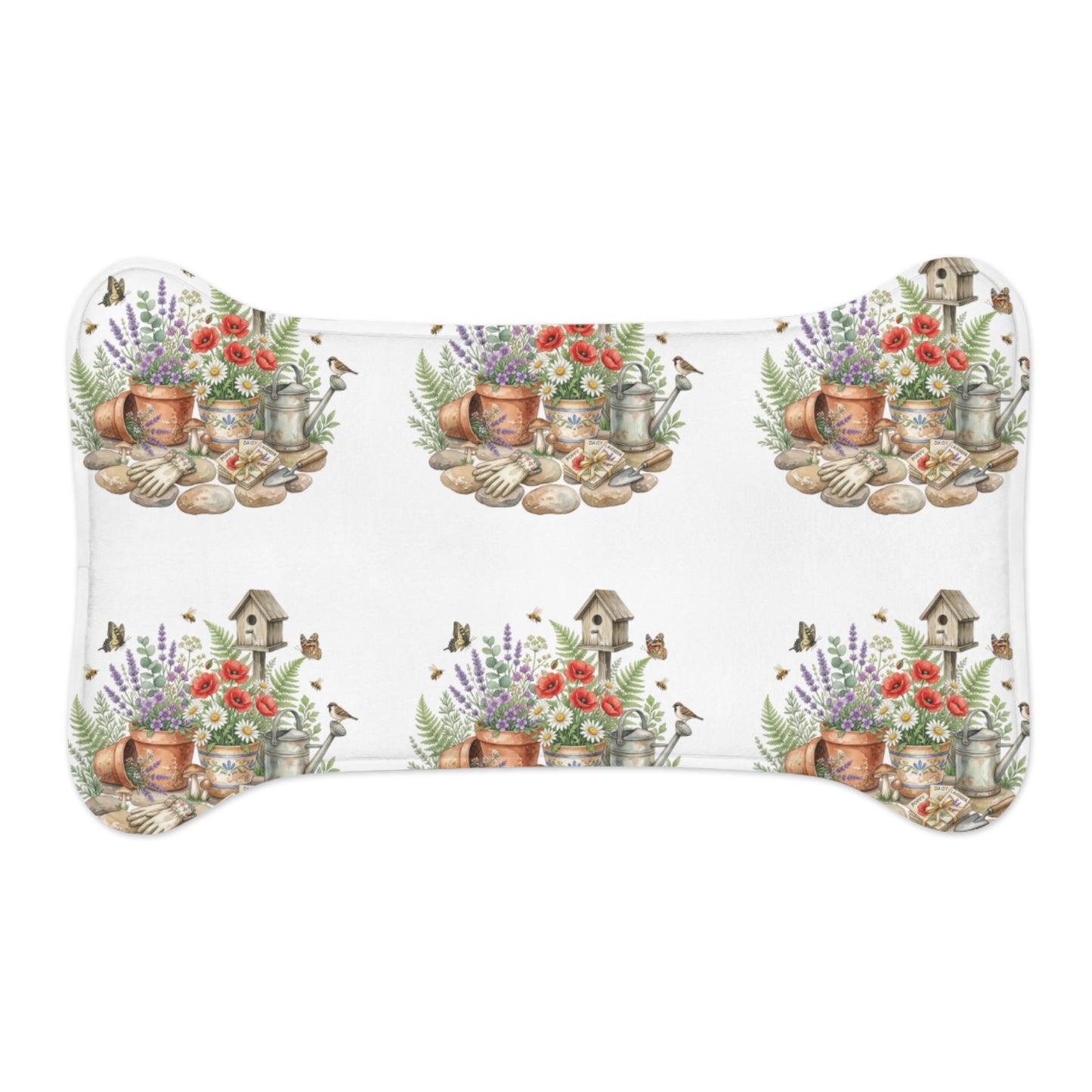 Floral Garden Pet Feeding Mat — Watercolor Birdhouse & Flowers