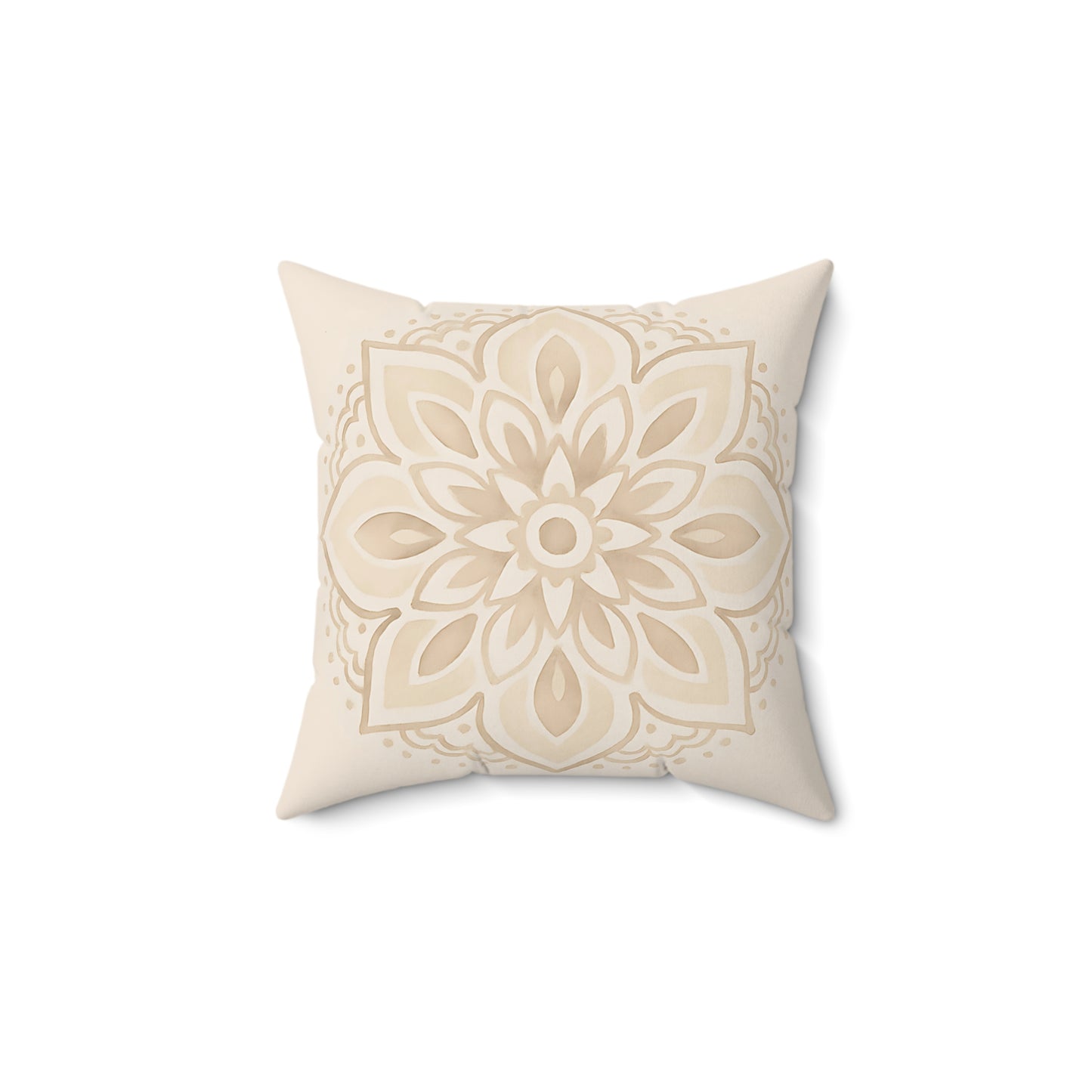 Neutral Mandala Throw Pillow – Boho Decorative Cushion with Cream Floral Medallion & Double-Sided Print