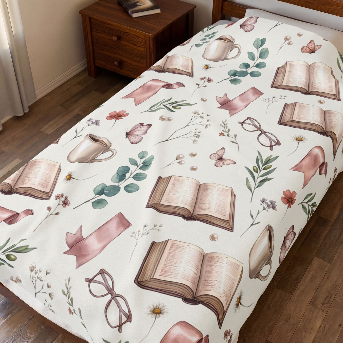 Cozy Reading Velveteen Blanket – Book, Mug & Floral Pattern Plush Throw