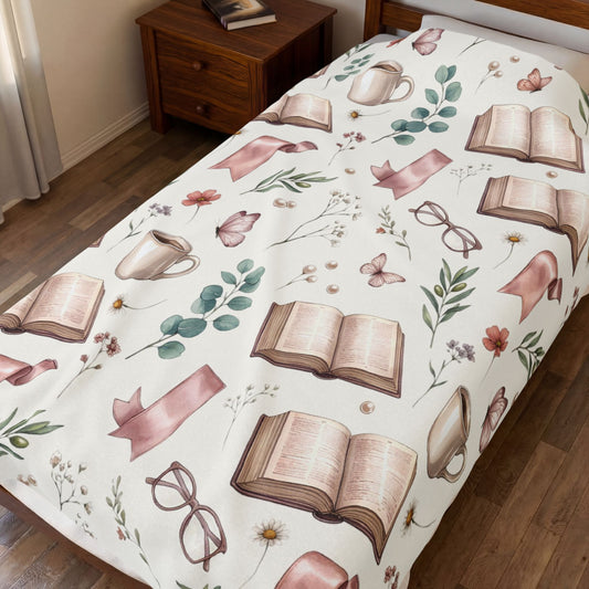 Cozy Reading Velveteen Blanket – Book, Mug & Floral Pattern Plush Throw