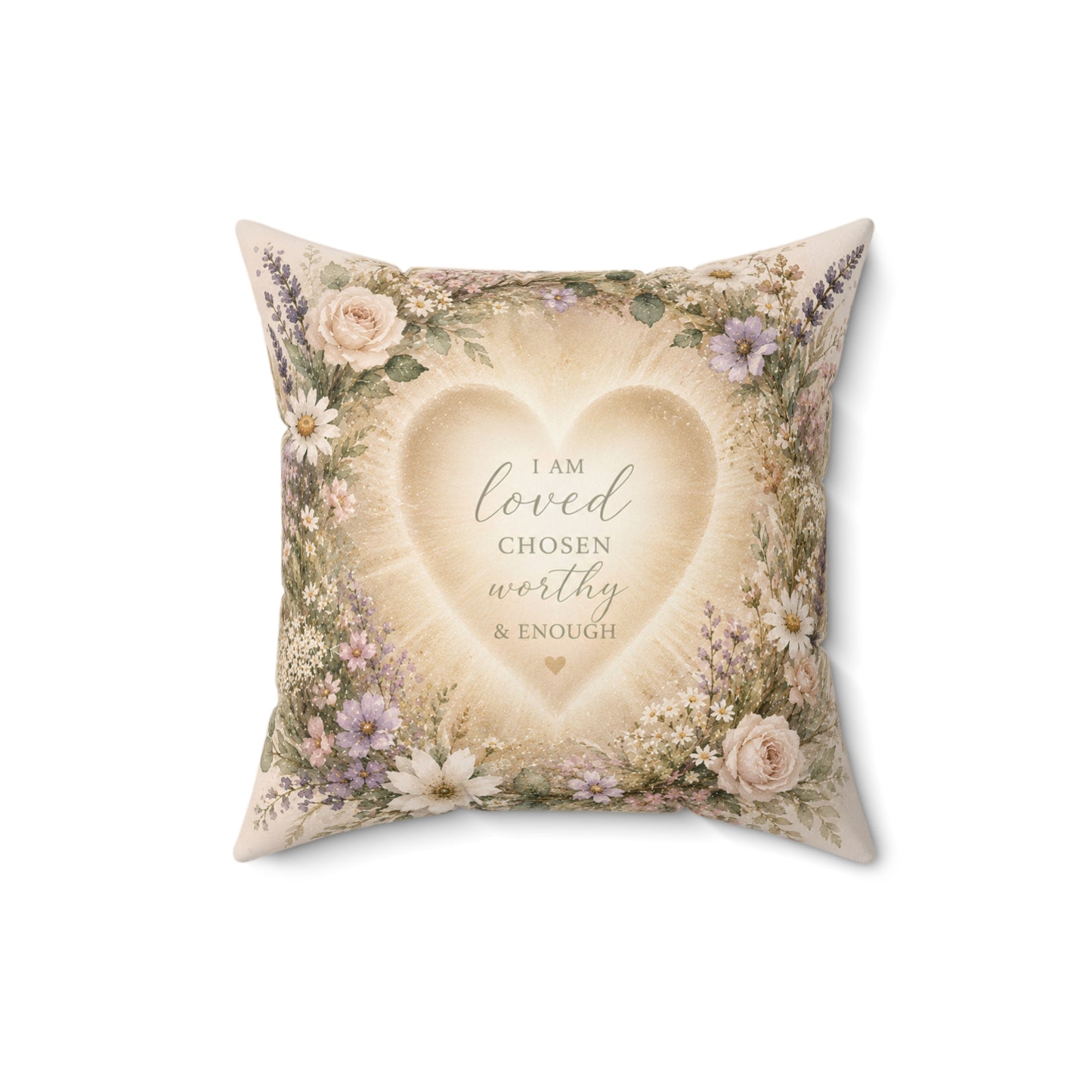 Inspirational Heart Floral Pillow – "I Am Loved, Chosen, Worthy & Enough" Decorative Throw Pillow