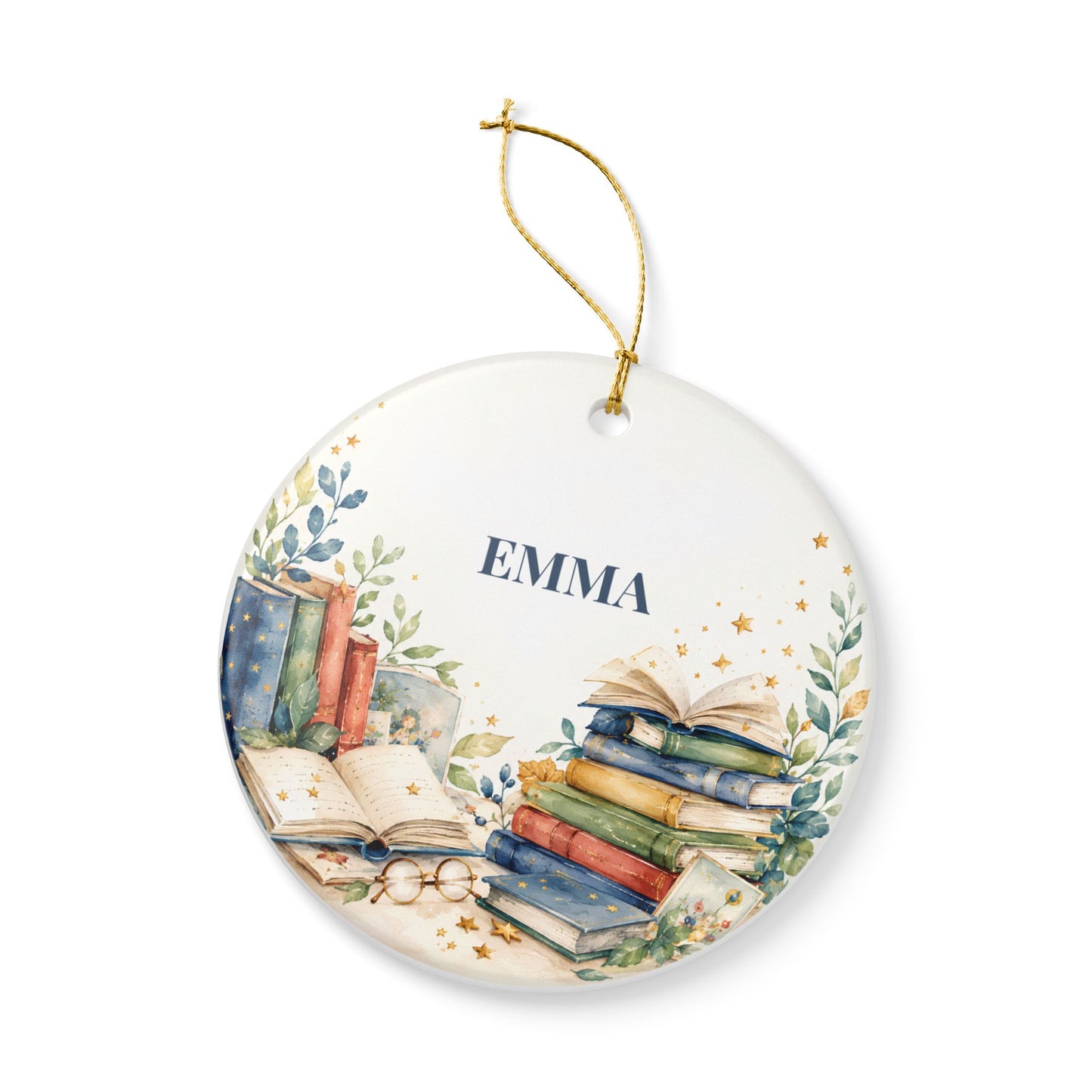 Personalized Book Lover Ceramic Ornament - Custom Name Bookstack Decoration