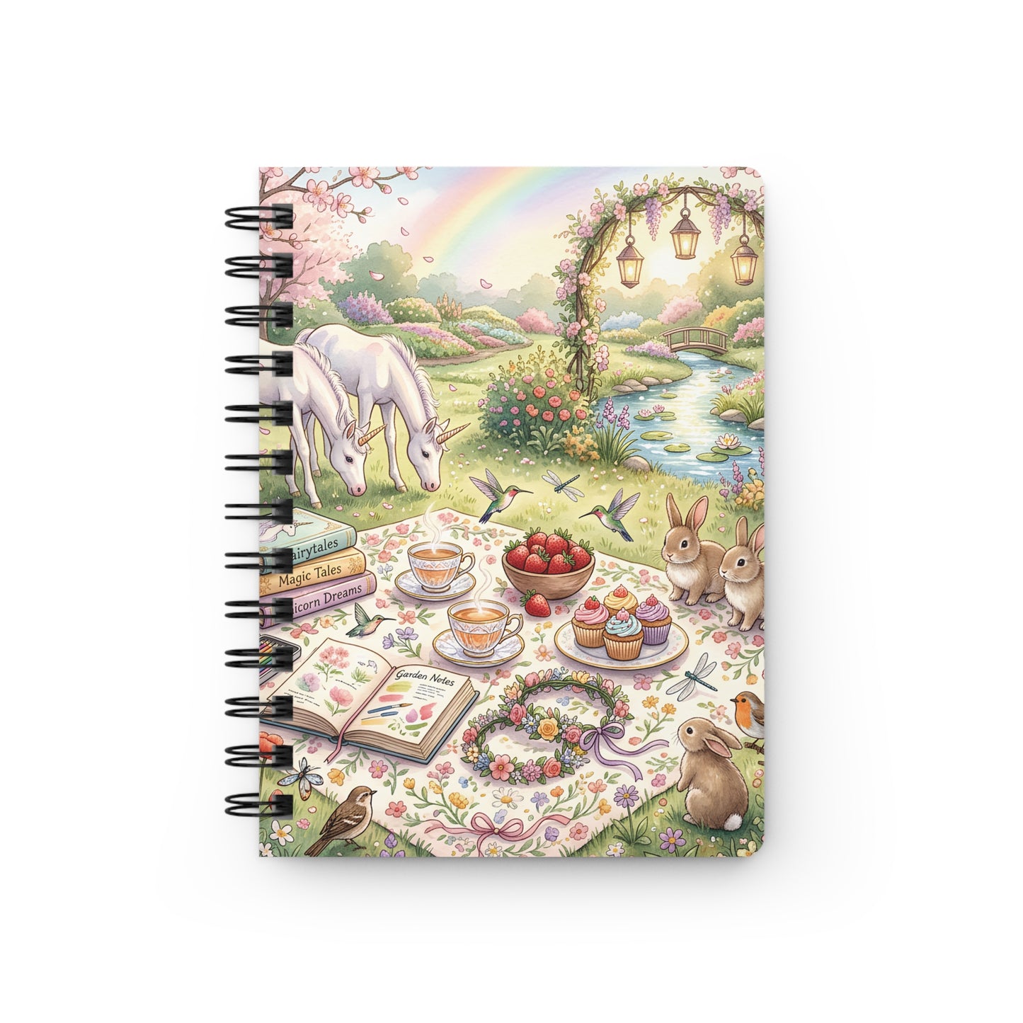 Whimsical Garden Tea Party Spiral Journal — Unicorn Picnic & Rainbow Illustration