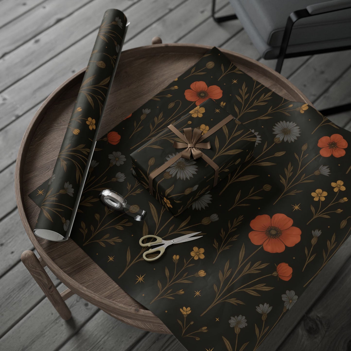 Moody Wildflower Wrapping Paper – Vintage Floral on Black Background