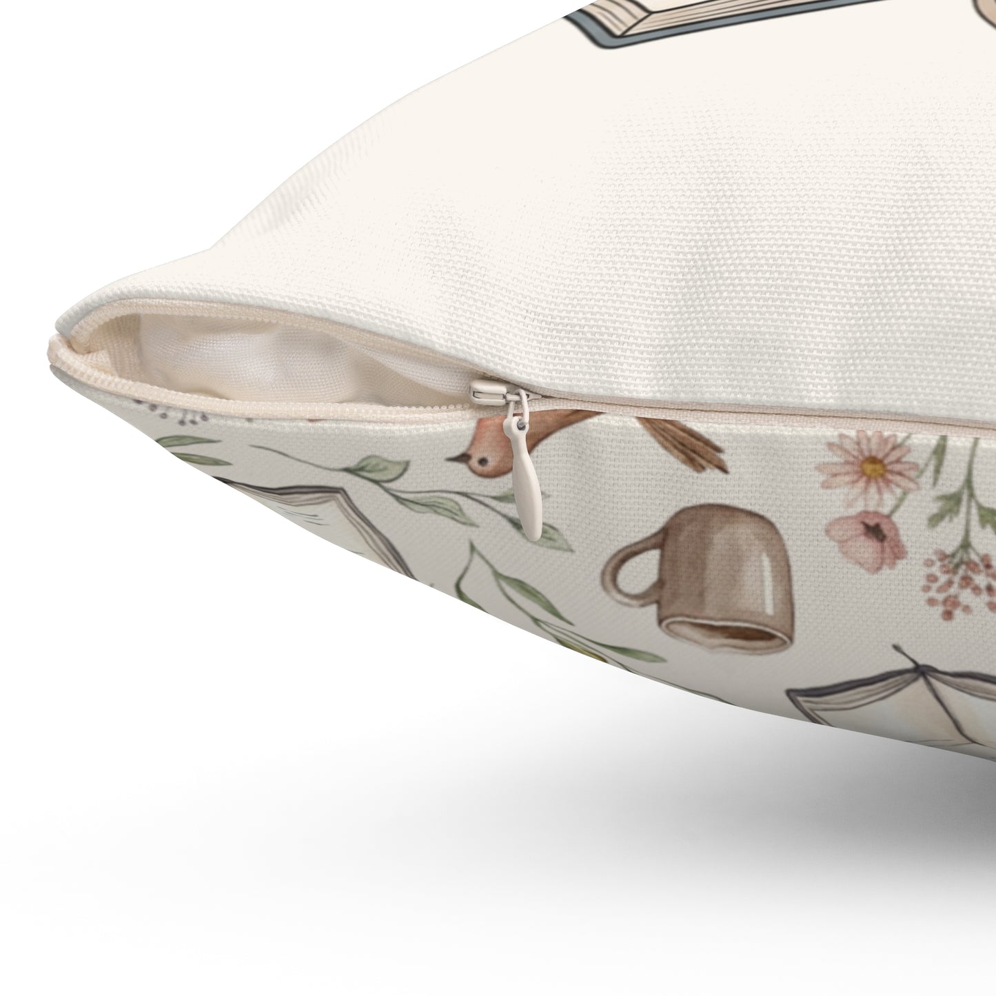 Cozy Book & Coffee Throw Pillow — Mountain Floral Reading Accent