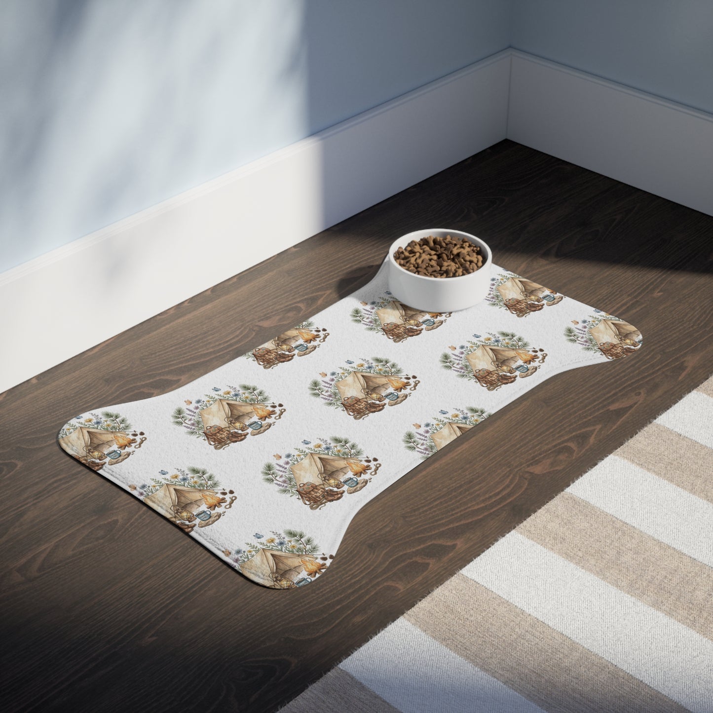 Camping Adventure Pet Feeding Mat — Waterproof Dog Bowl Placemat with Tent & Campfire Design