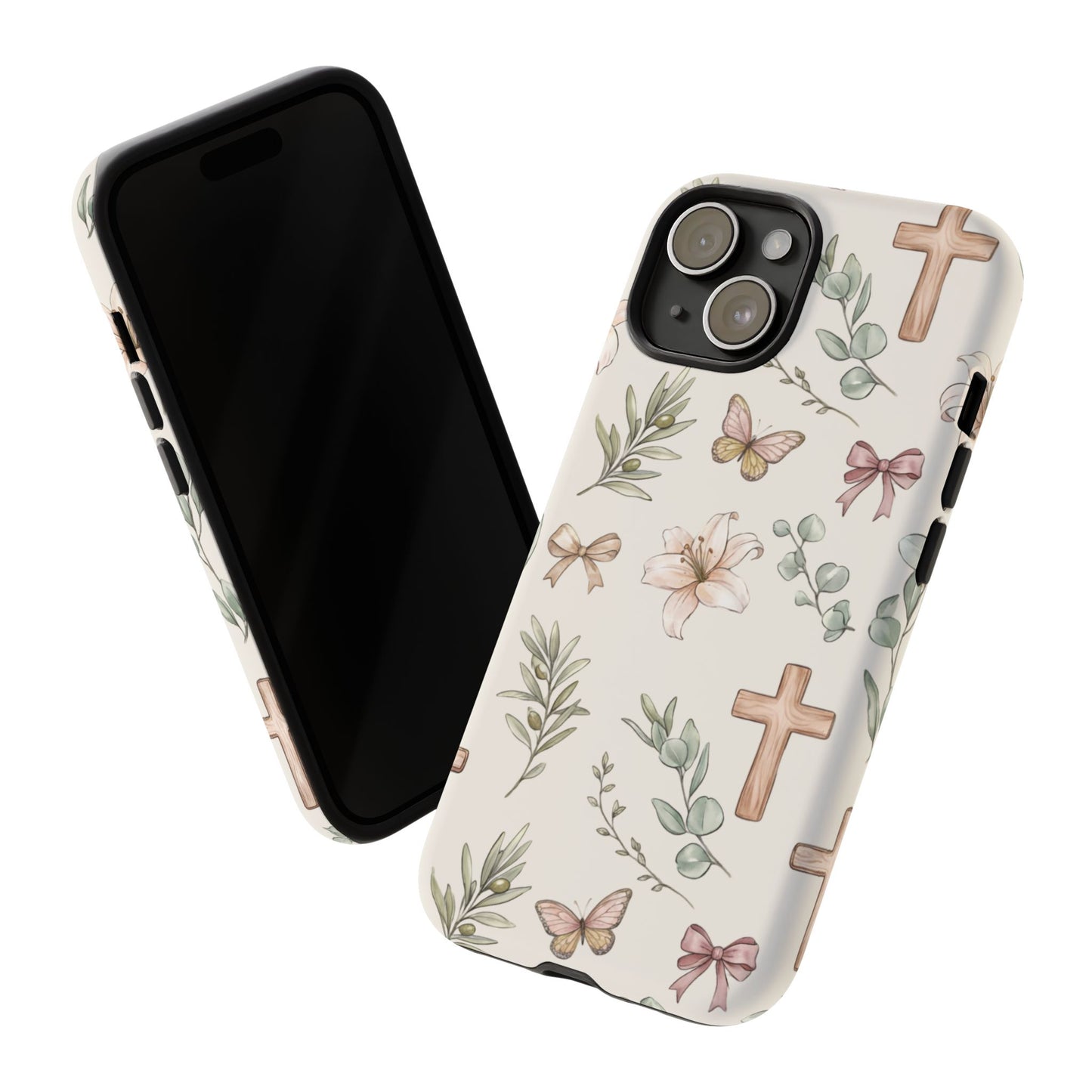 Floral Cross Tough Phone Case — Pastel Butterflies & Bows Christian Design