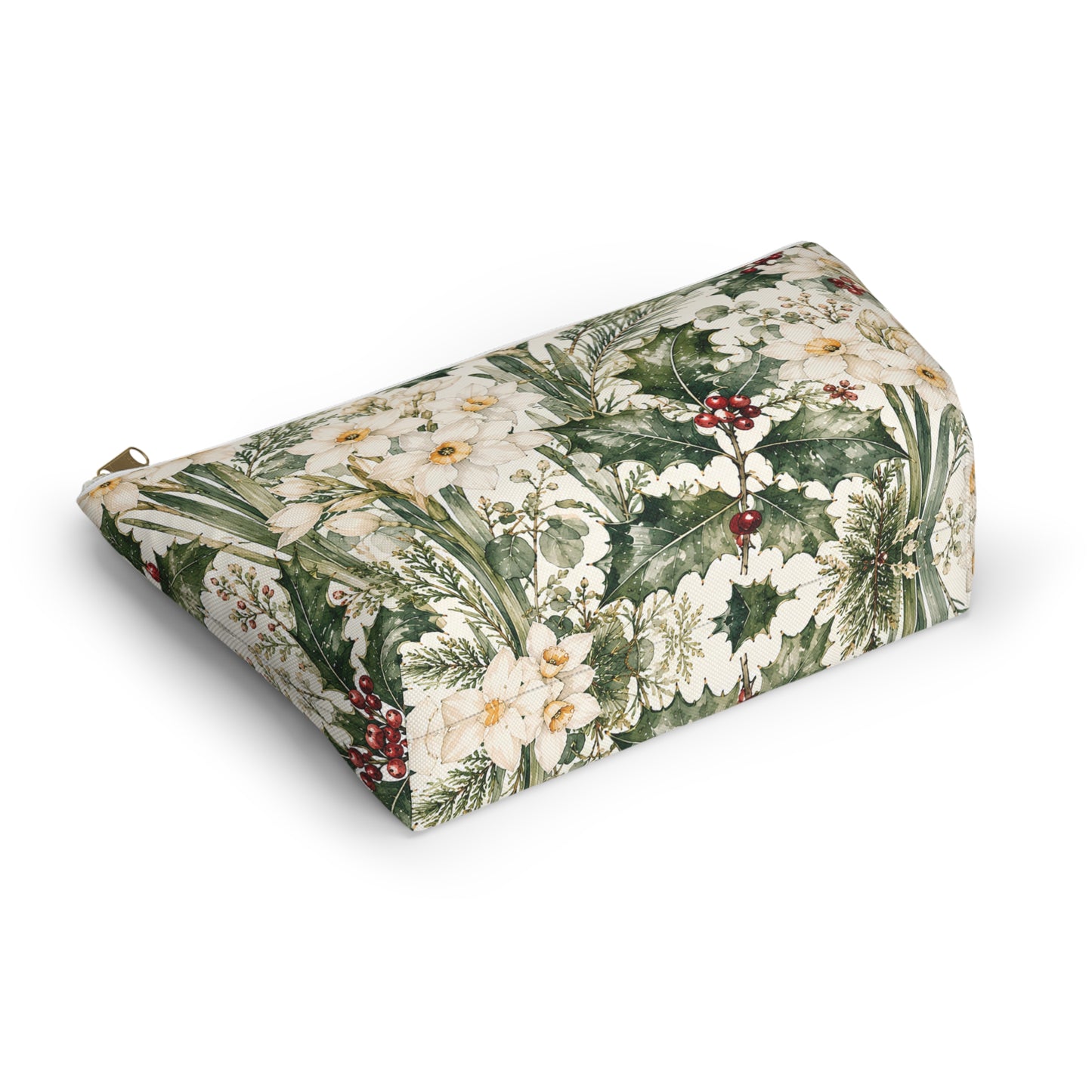 Floral Winter Accessory Pouch — Holiday Daffodil & Holly Makeup Bag