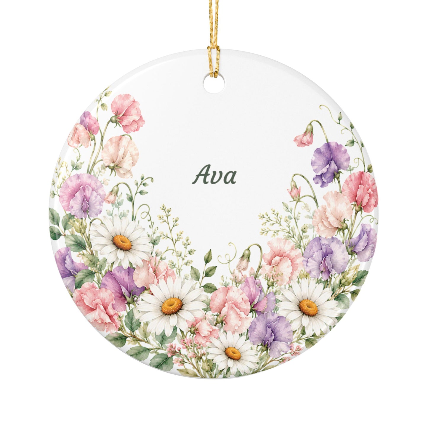 Personalized Floral Ceramic Ornament — Custom Name Daisies & Wildflowers