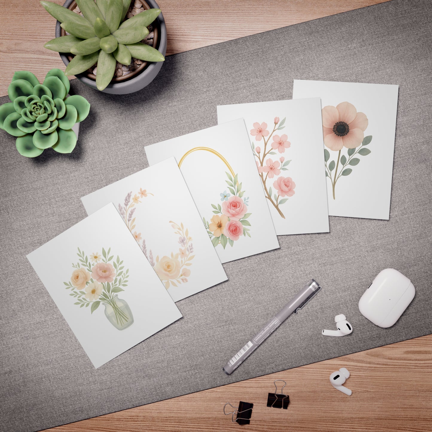 Blush Floral Greeting Card Set – 5 Blank Note Cards with Envelopes, Watercolor Flower Designs