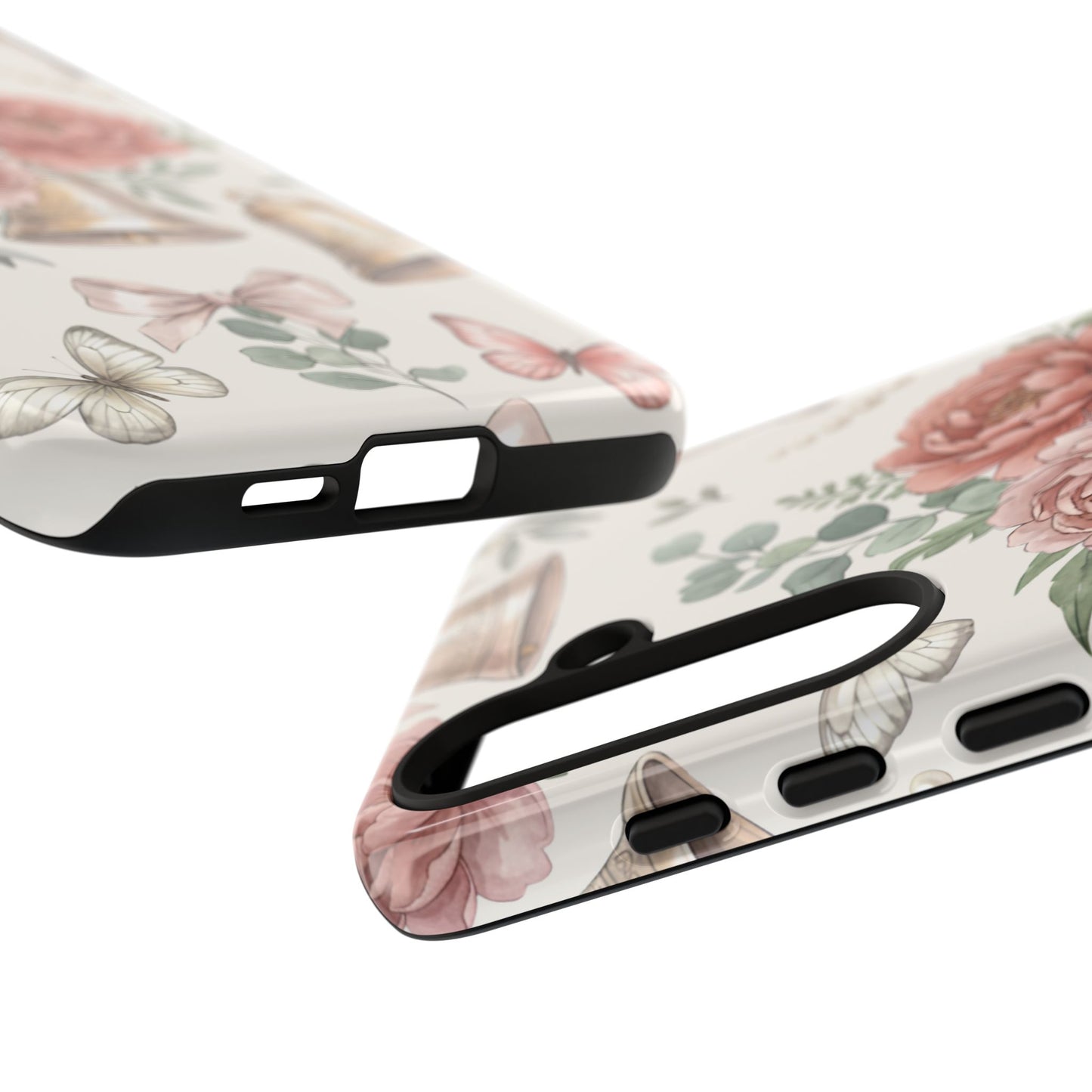 Floral Wedding Bells Phone Case — Vintage Roses, Butterflies & Bow Protective Tough Case