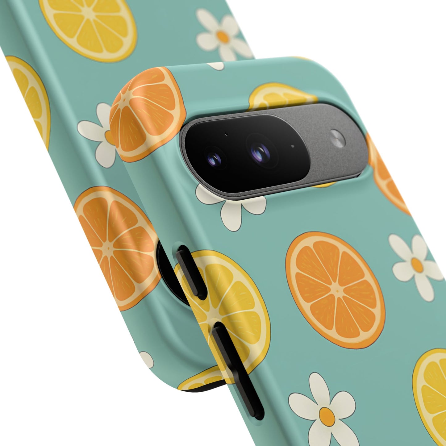 Citrus Bloom Phone Case – Orange, Lemon & Daisy Pattern on Teal