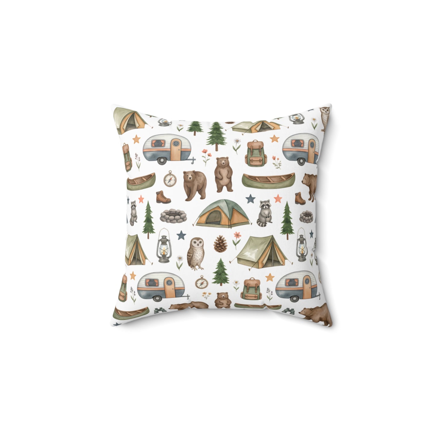 Camping Pattern Square Pillow — Bear, Tent & Camper Decorative Throw Pillow