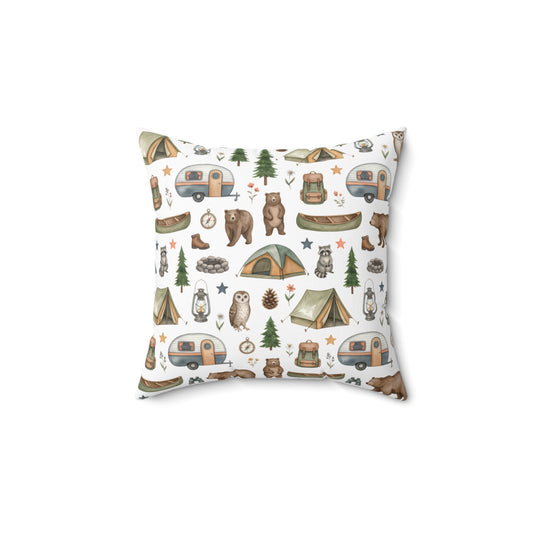 Camping Pattern Square Pillow — Bear, Tent & Camper Decorative Throw Pillow