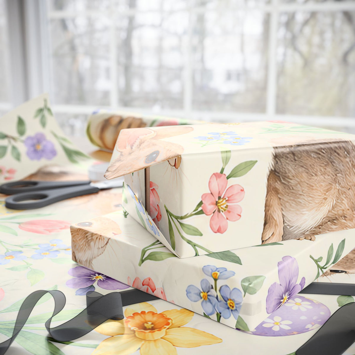 Easter Bunny Floral Wrapping Paper Roll — Pastel Spring Gift Wrap