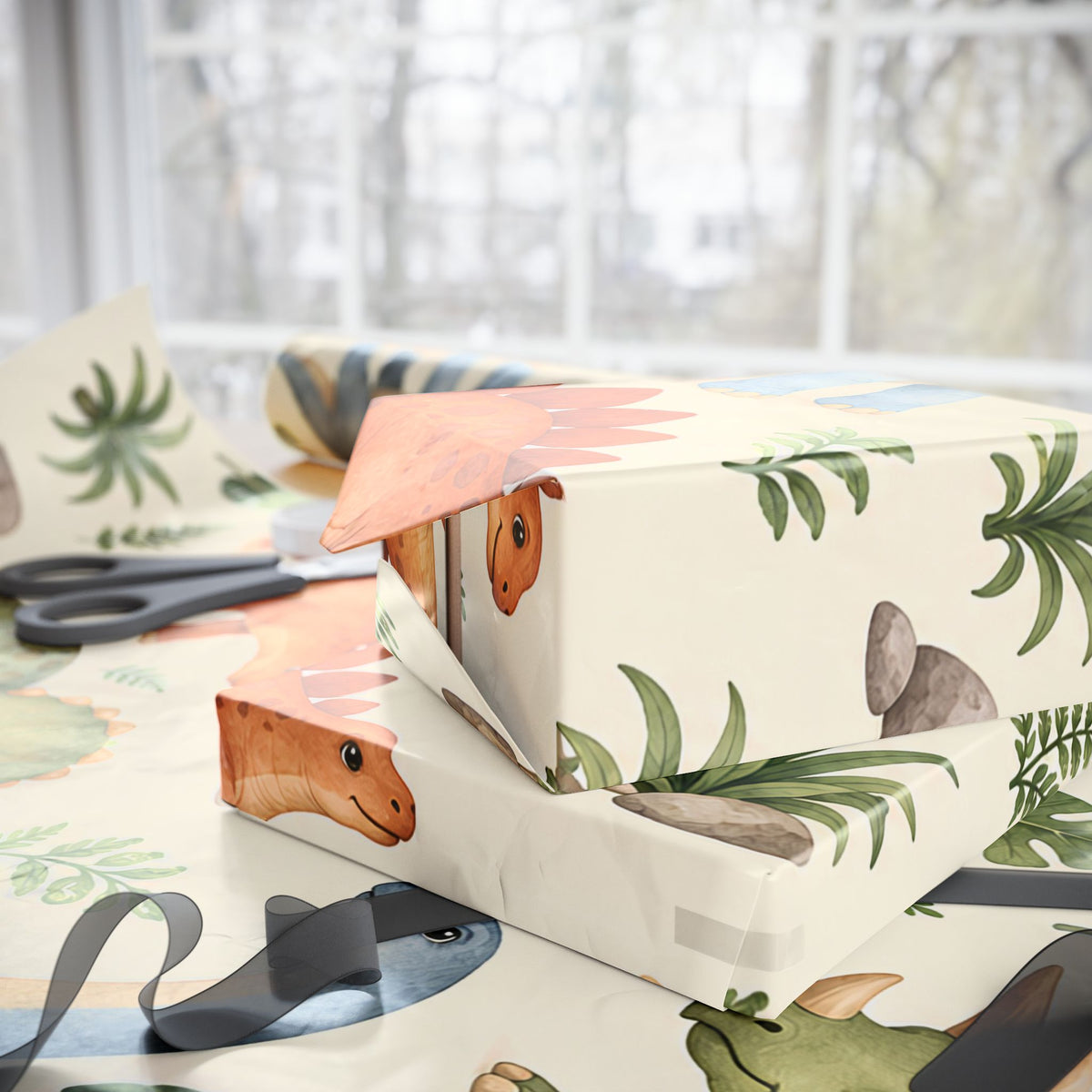 Dinosaur Wrapping Paper Roll — Cute Watercolor Dino Gift Wrap