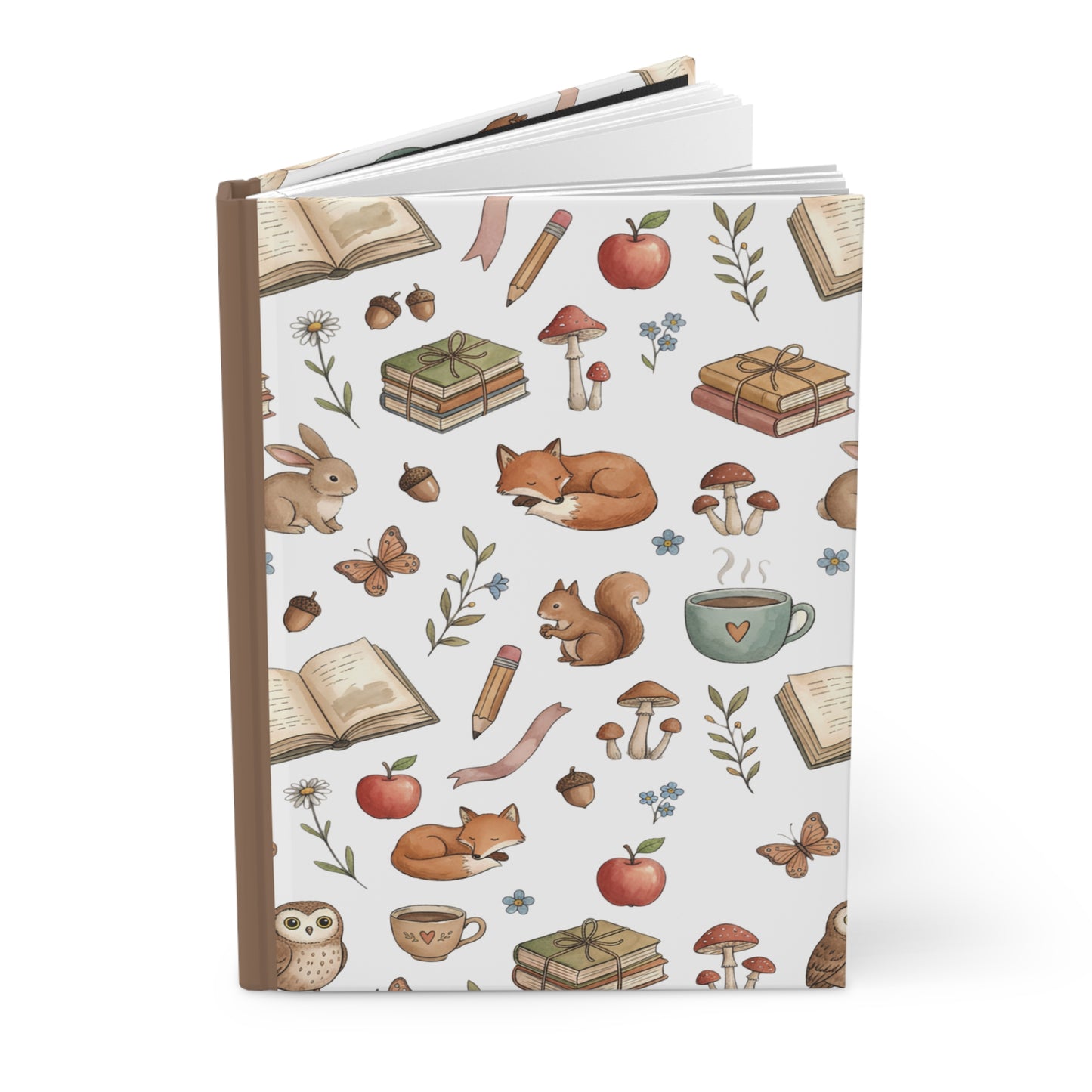 Woodland Cozy Hardcover Journal — Cute Fox, Squirrel & Tea Pattern