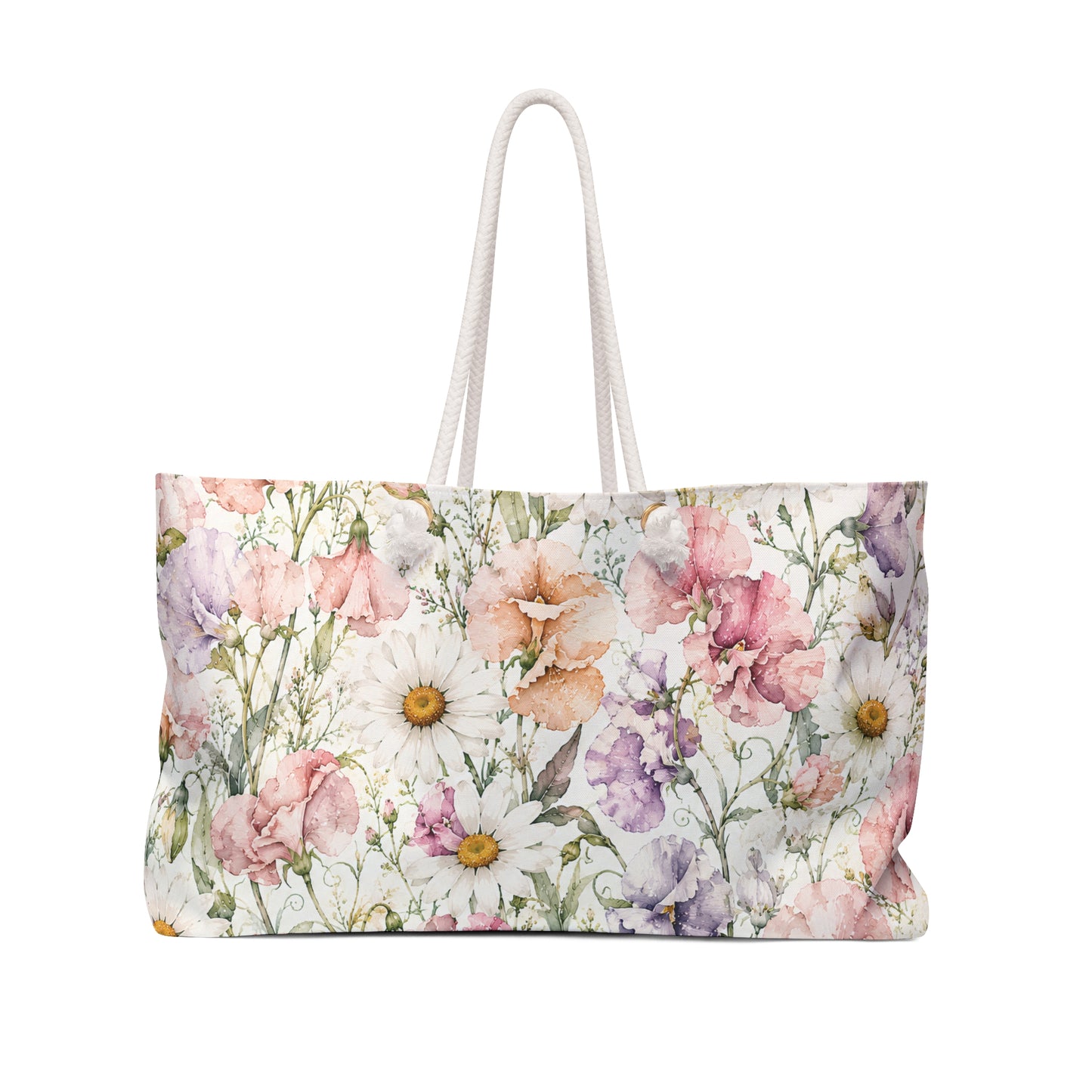 Floral Watercolor Weekender Bag — Pastel Daisy & Wildflower Travel Tote