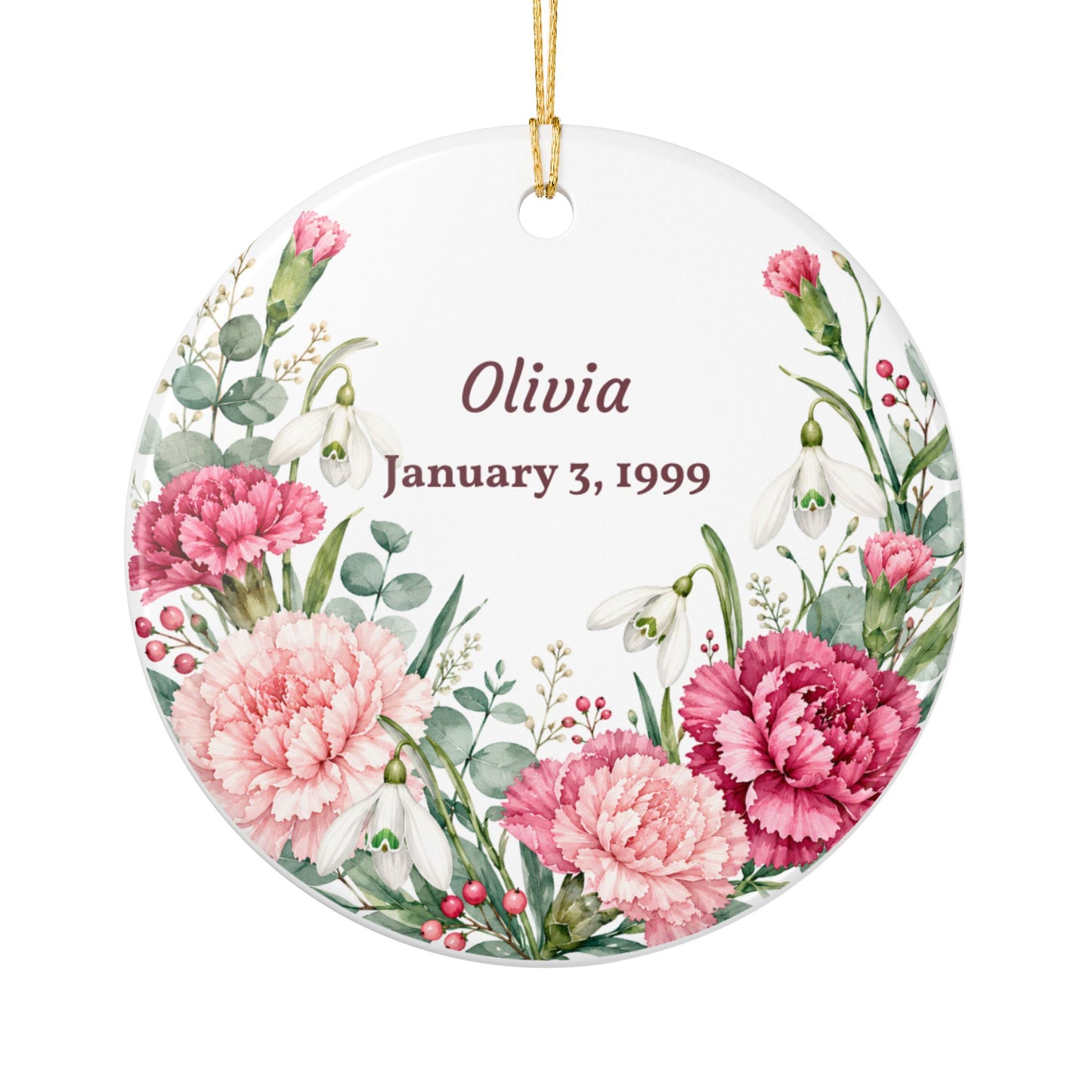 Personalized Floral Name Ornament — Custom Name & Date Ceramic Decoration