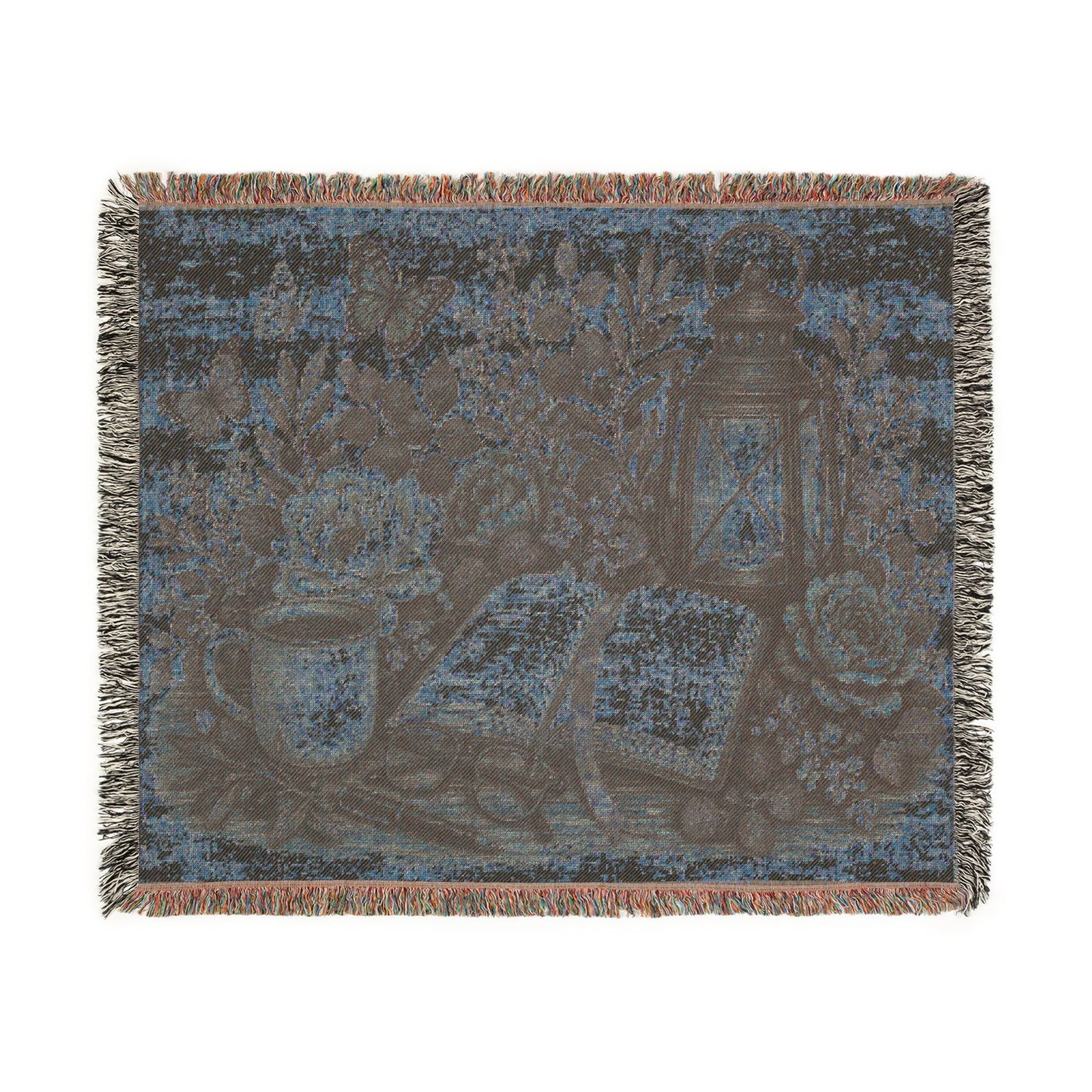 Cozy Reading Woven Throw Blanket — Lantern, Open Book & Floral Tapestry