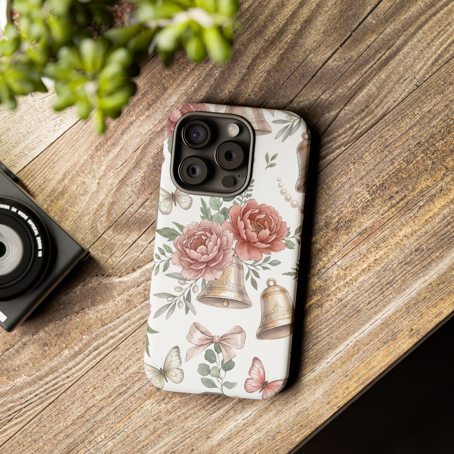 Floral Wedding Bells Phone Case — Vintage Roses, Butterflies & Bow Protective Tough Case