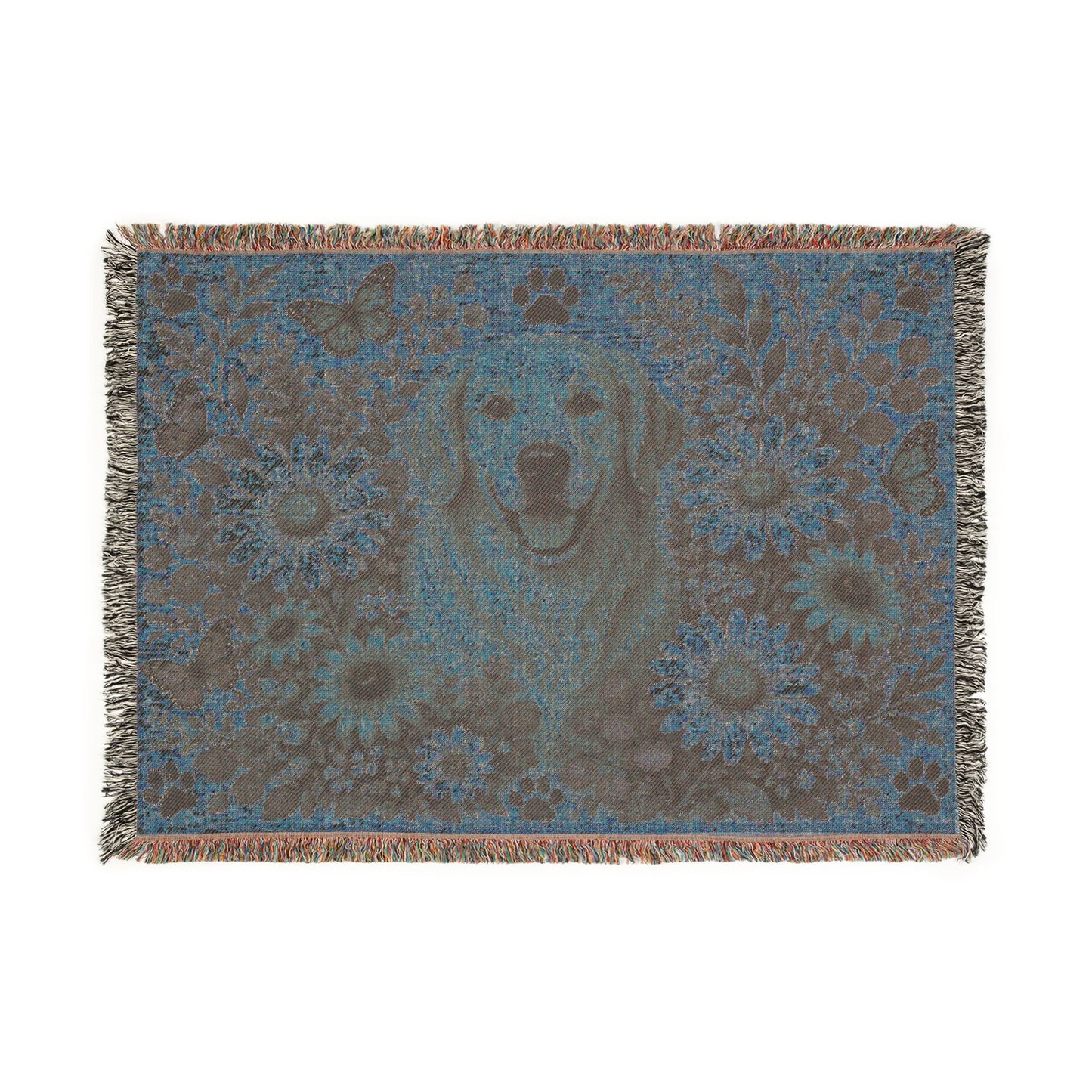 Golden Retriever Floral Woven Blanket — Cozy Throw with Daisies & Butterflies