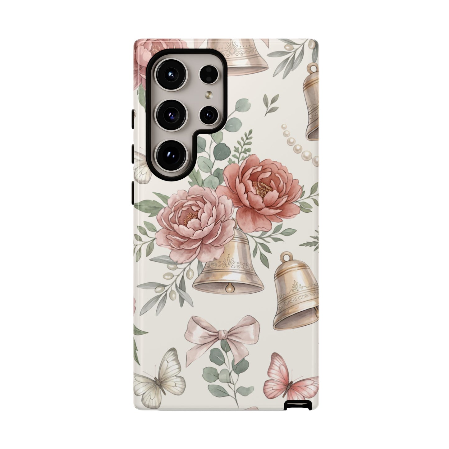 Floral Wedding Bells Phone Case — Vintage Roses, Butterflies & Bow Protective Tough Case