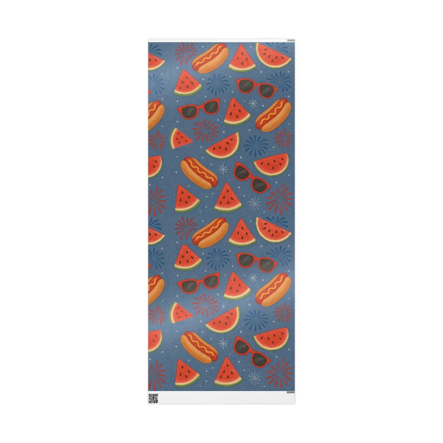 Summer BBQ Wrapping Paper – Watermelon, Hot Dogs & Fireworks on Blue