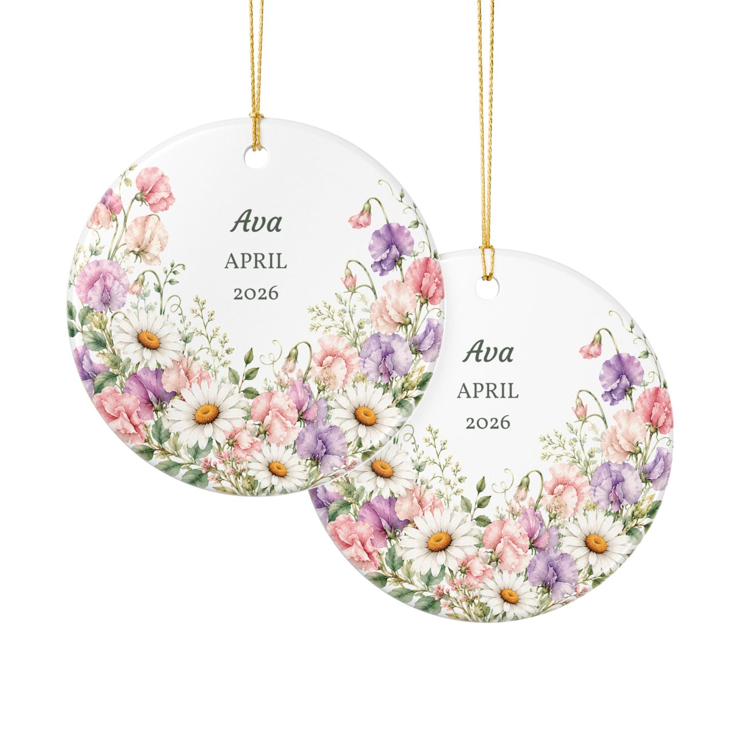 Personalized Floral Ceramic Ornament — Custom Name & Year (Daisies & Pastel Bouquet)