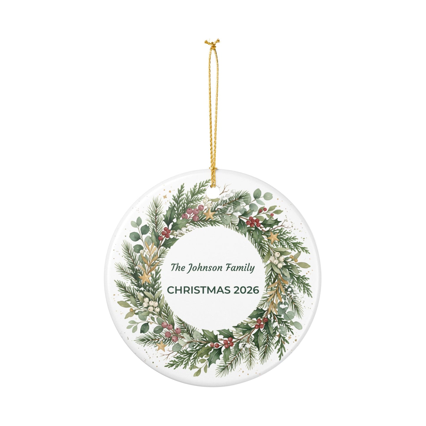 Personalized Christmas Wreath Ceramic Ornament - 'The Johnson Family CHRISTMAS'