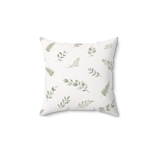 Botanical Leaf Pattern Square Pillow — Green Eucalyptus Accent Cushion