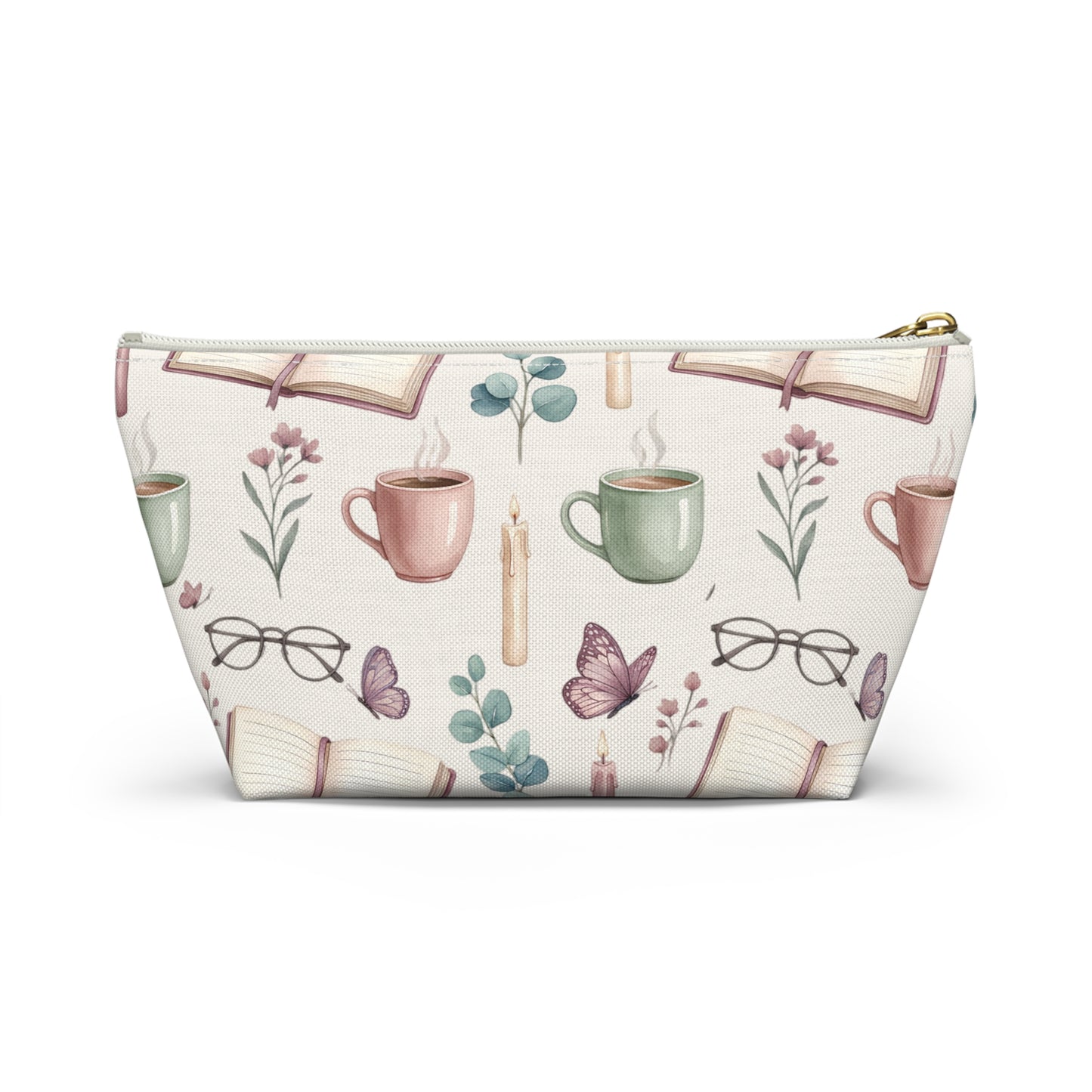 Cozy Reading Accessory Pouch — Book, Tea & Candle Pattern